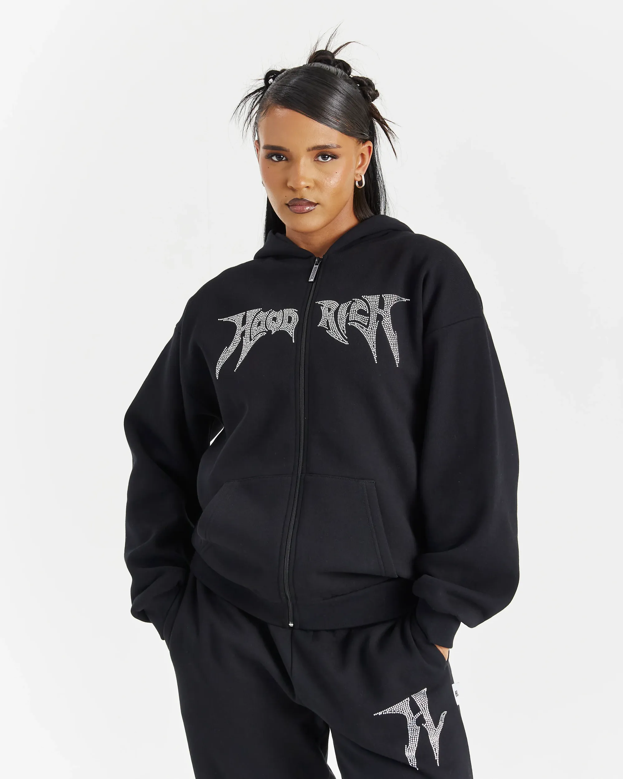 Lustre Oversized Zip Hoodie - Black/Rhinestone