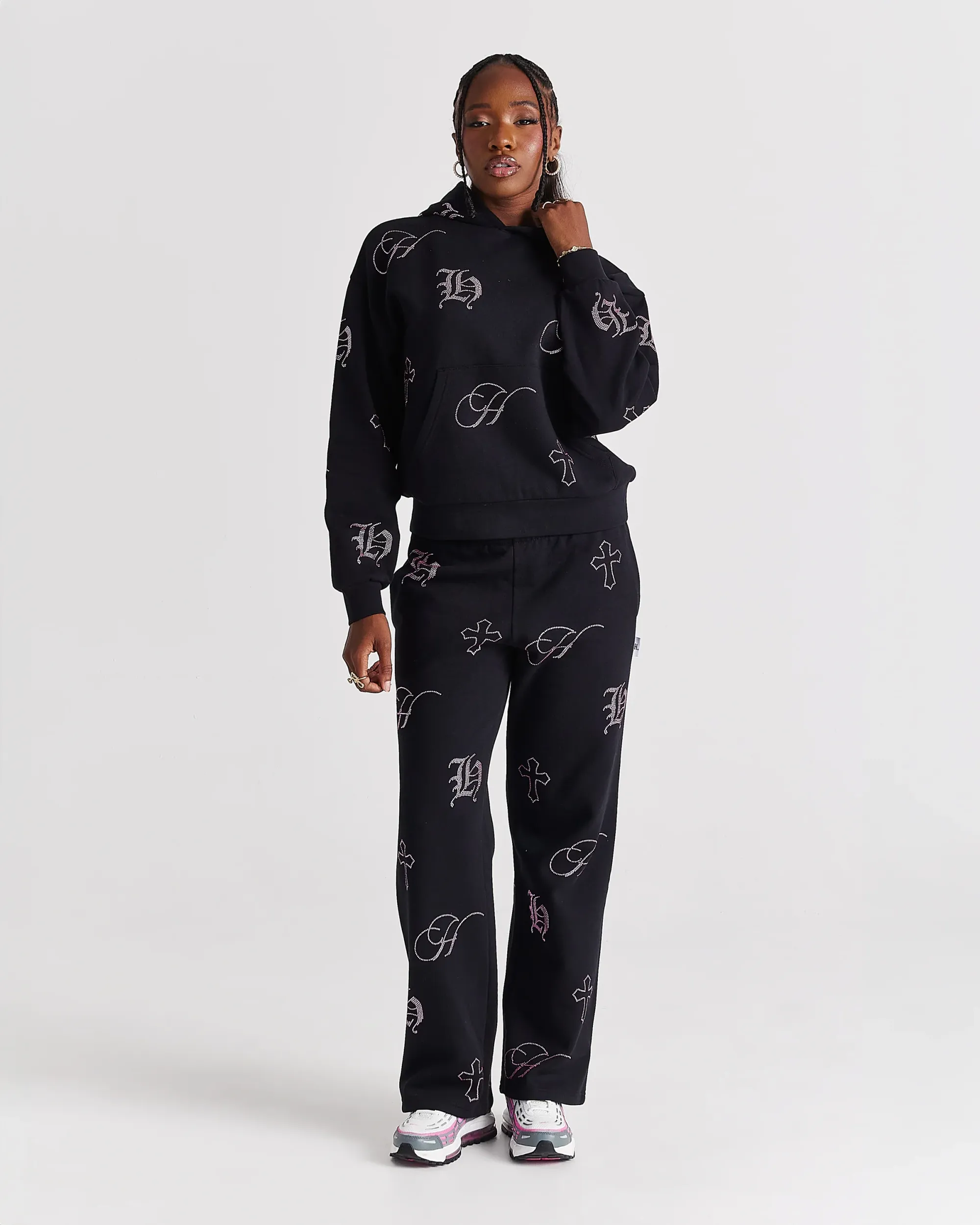 Crystal Wide Leg Jogger - Black/Pink Rhinestone