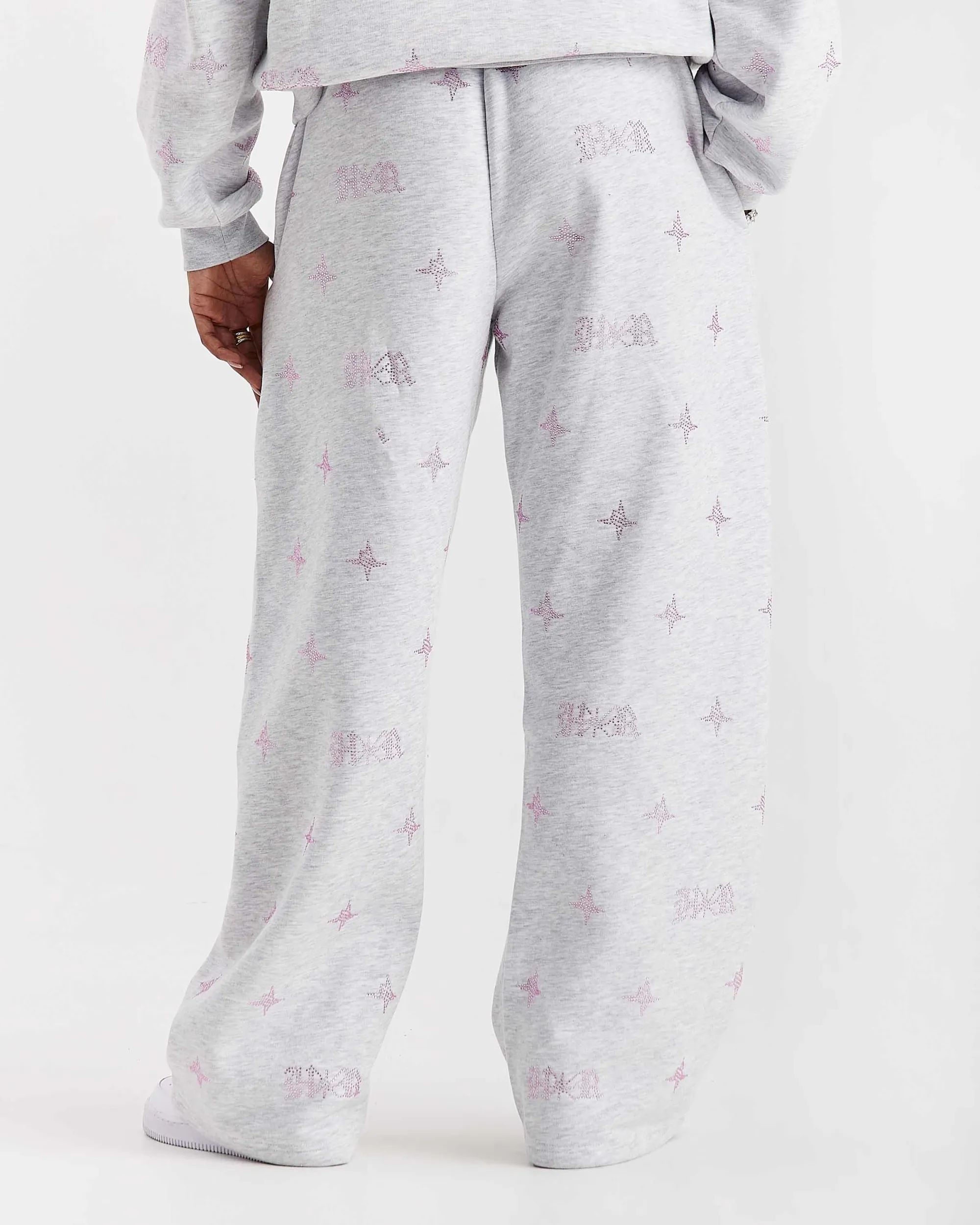 Razor Oversized Wide Leg Joggers - Light Grey/Rhinestone