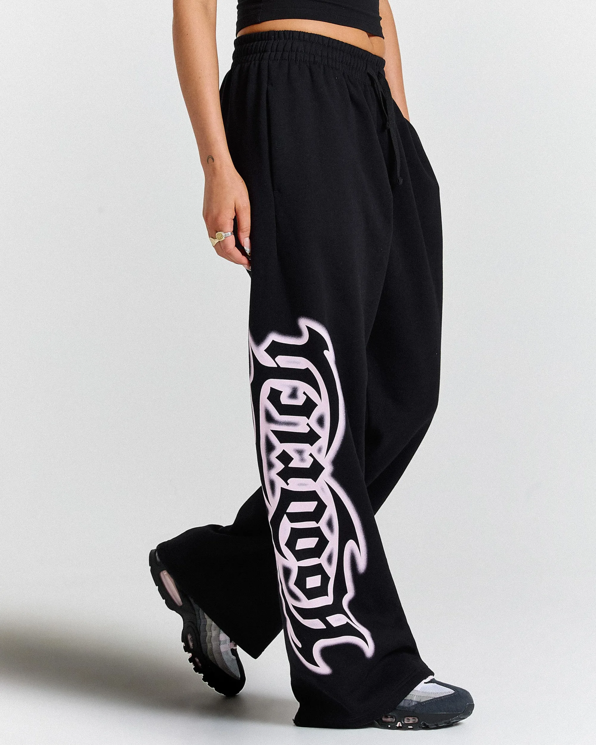 Asha Oversized Wide Leg Joggers - Black/Pink