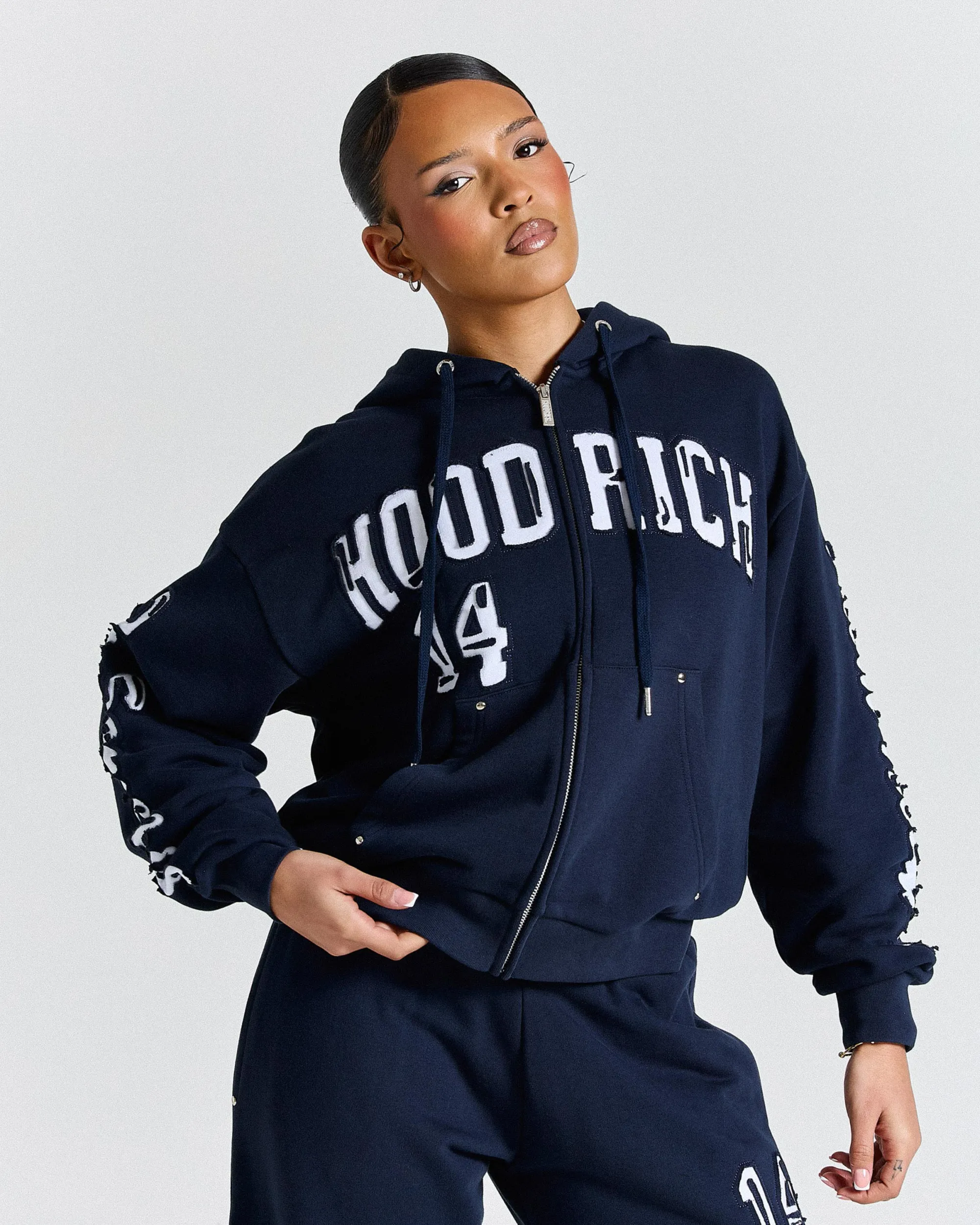 Siren Mid-length Zip Hoodie - Navy/White