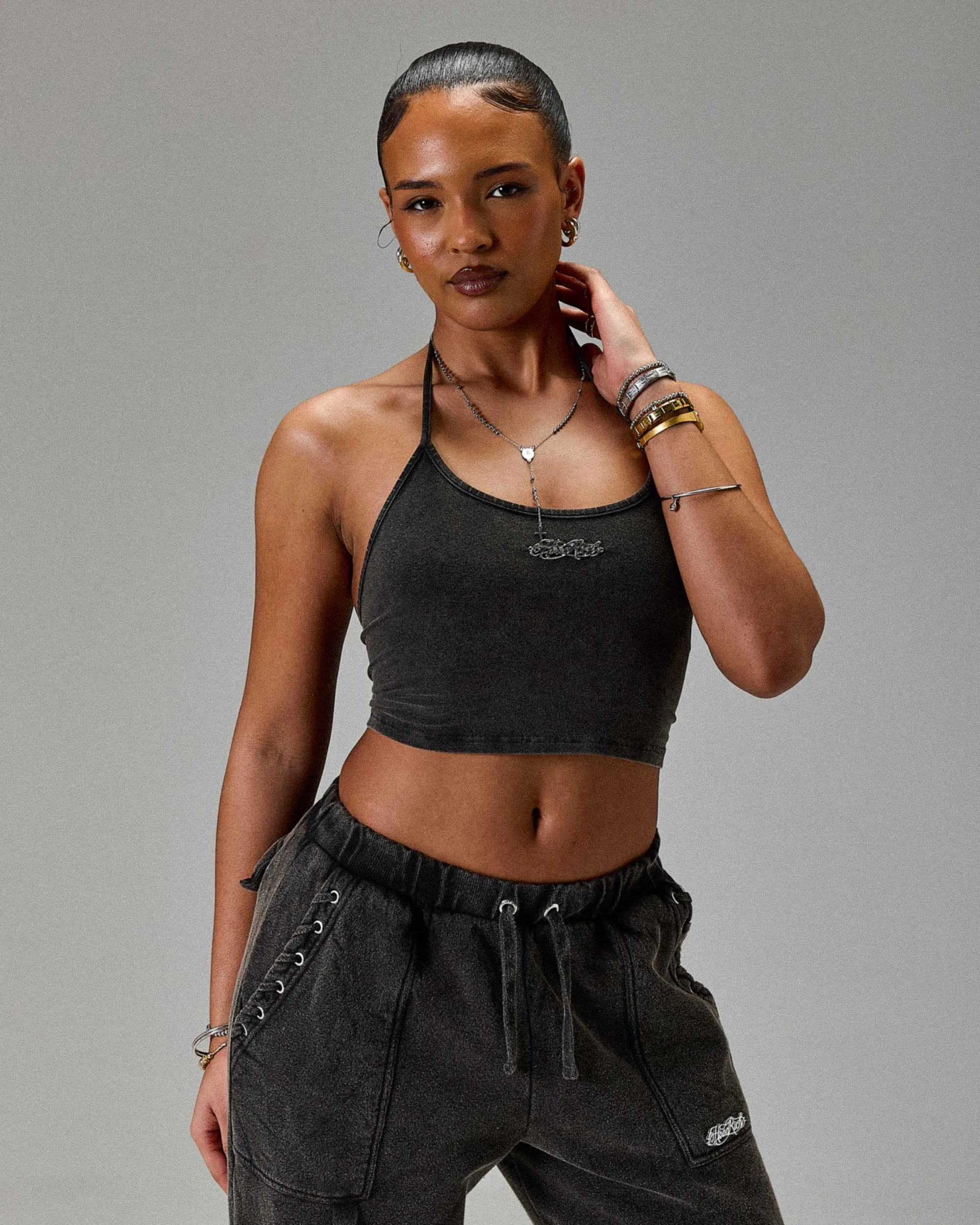 The Winner's Circle Token Tie Back Halter Top - Washed Black