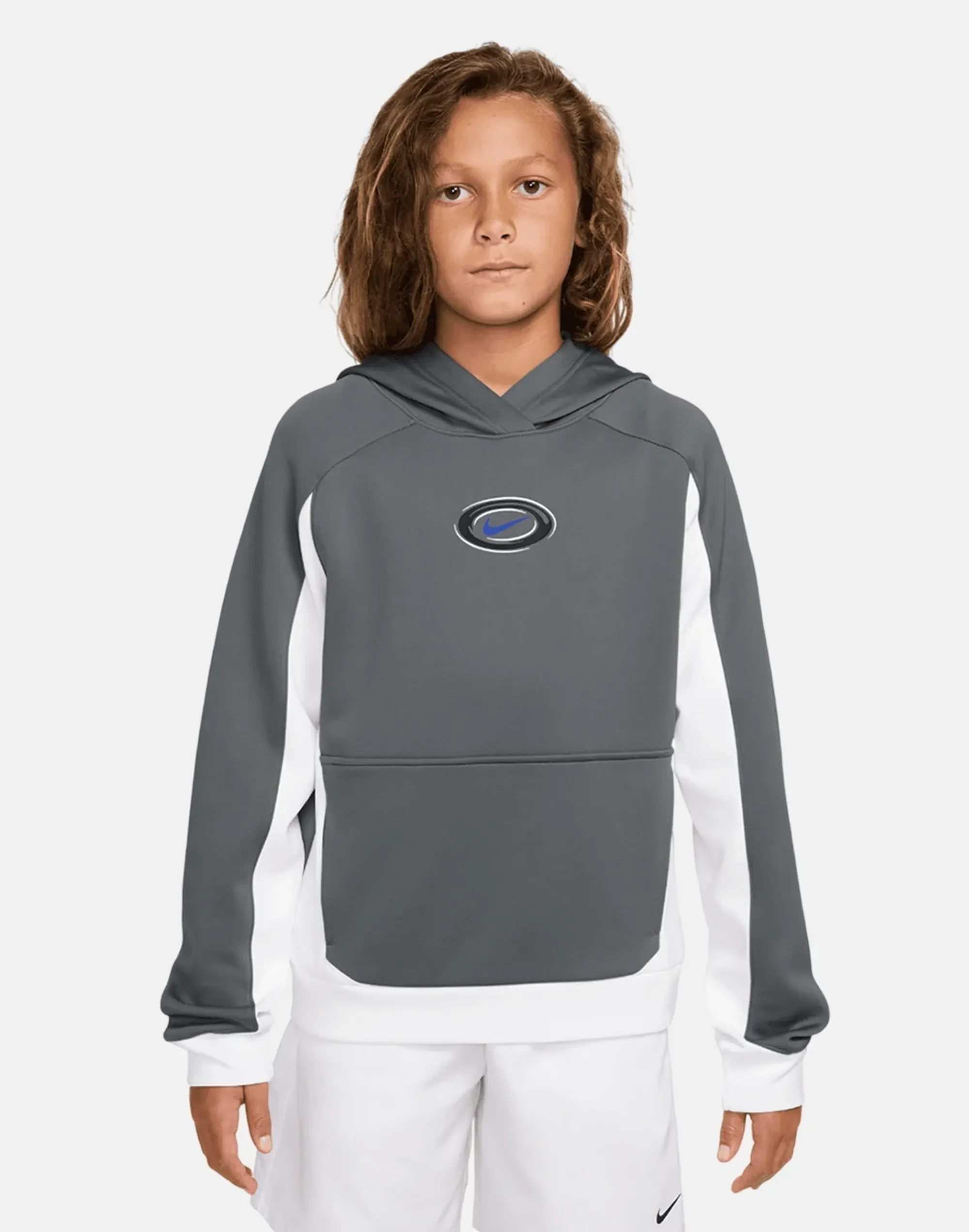 Nike Older Kids Swoosh Love Hoodie in Grey/White 