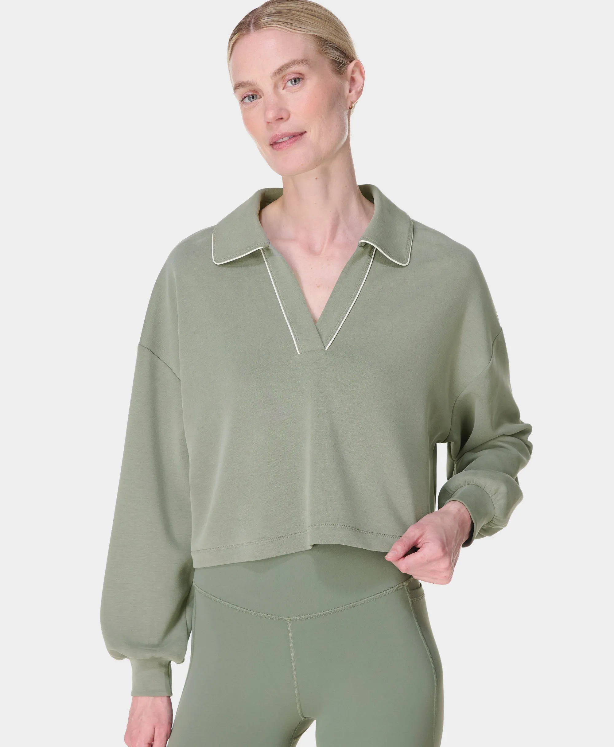 Sweaty Betty Sand Wash Crop Henley Sweatshirt, Green, Women's L