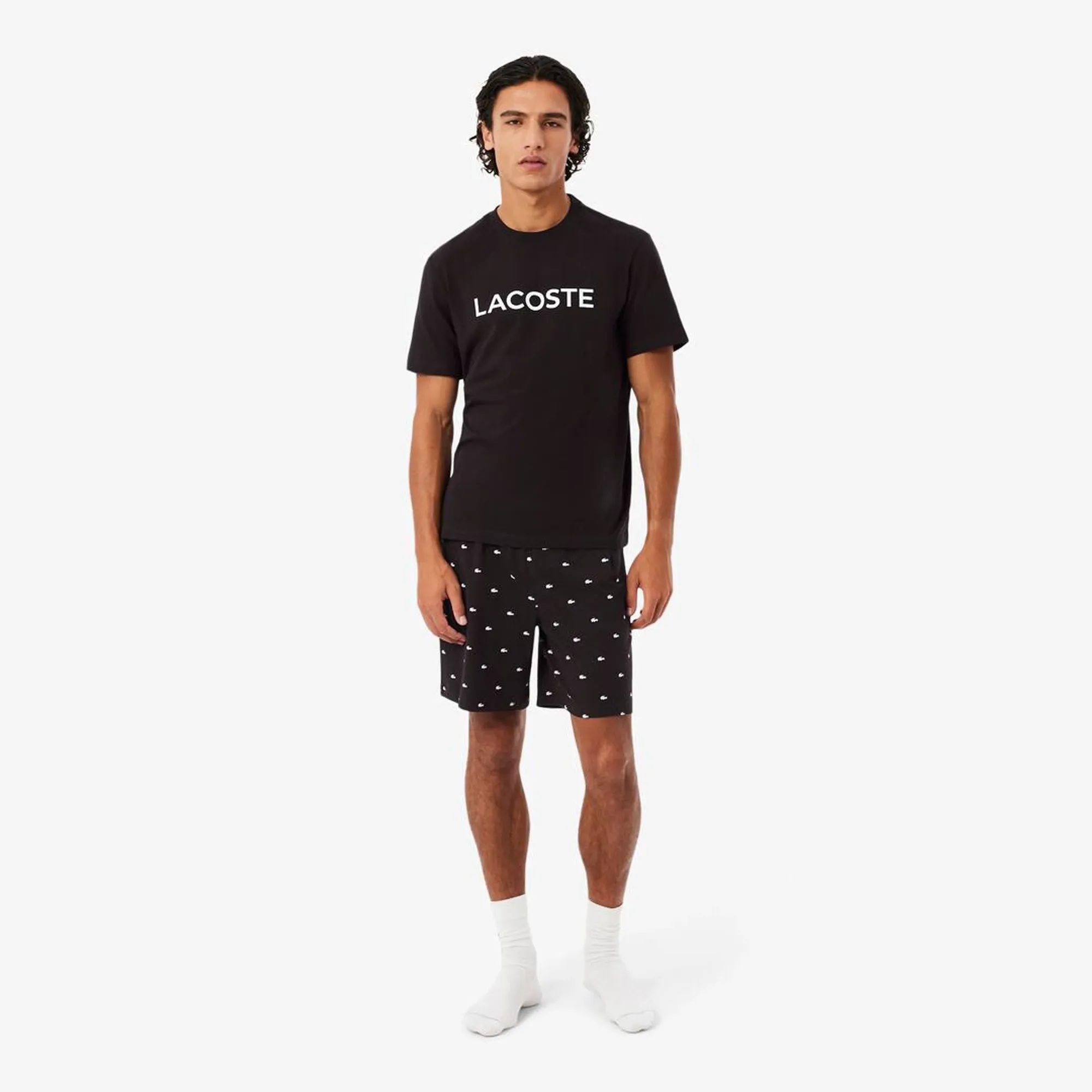 Lacoste Crocodile Print Cotton Pajama Set - Marron / Blanc
