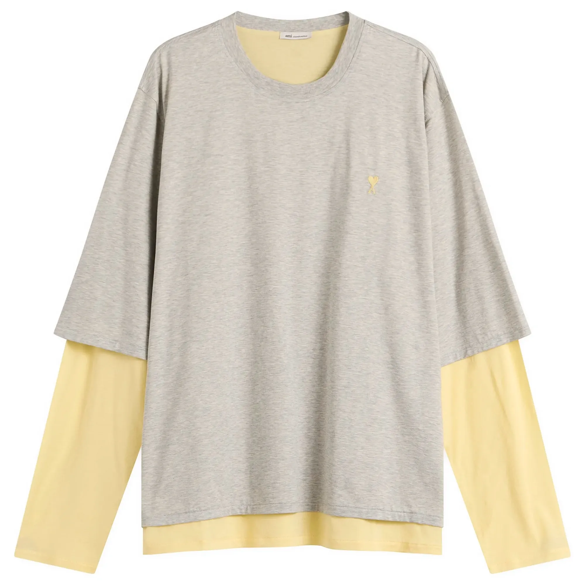 AMI Paris Men's Mercerised Jersey ADC Double Layer T-Shirt Gris Chine Clair/Jaune