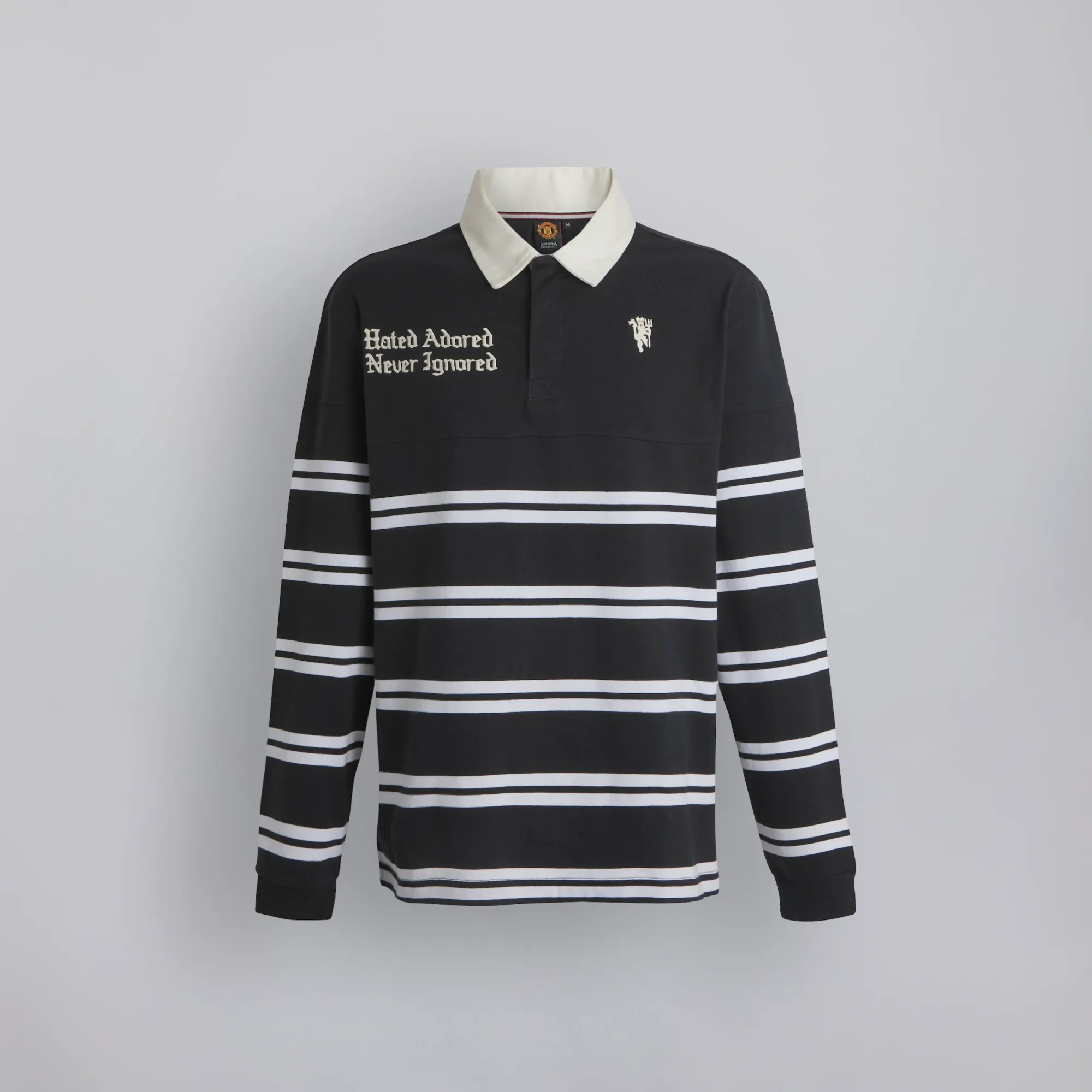 Manchester United Hated Adored Never Ignored Stripe Rugby Polo Shirt Black
