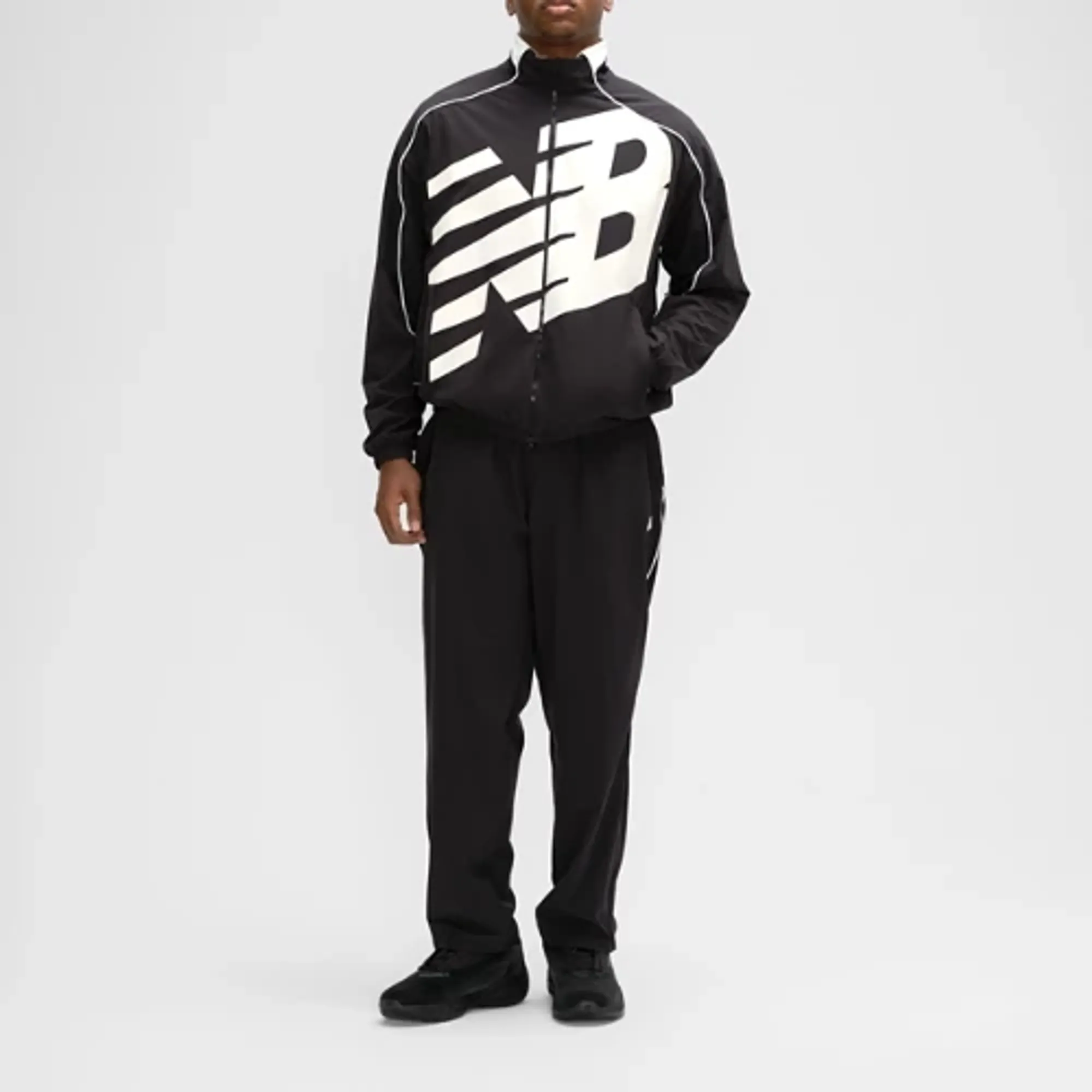 New Balance Men's Basketball Oversized Print Woven Jacket in Black Nylon Woven