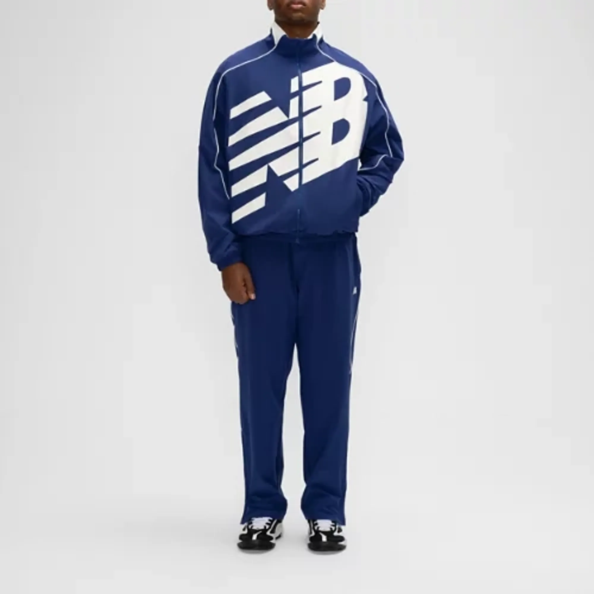 New Balance Men's Basketball Oversized Print Woven Jacket in Blue Nylon Woven