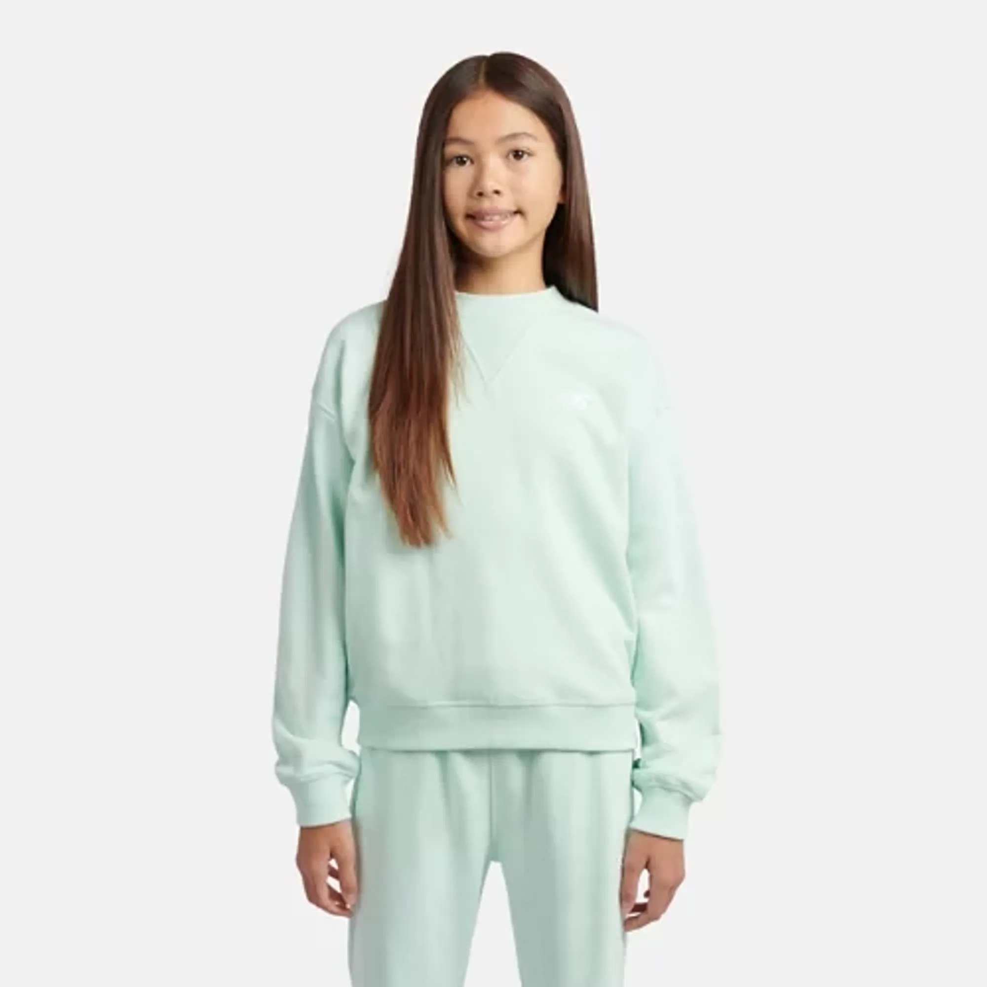 New Balance Girls FT Small Logo Crew in Green Cotton Fleece