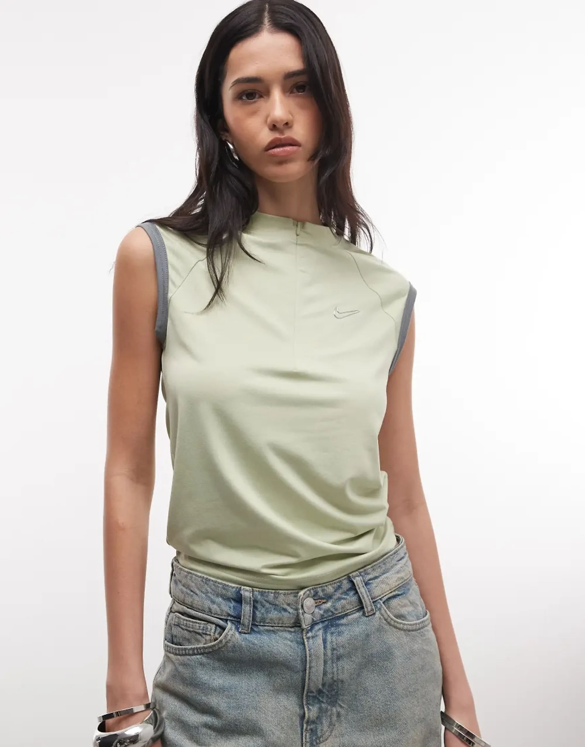 Nike Sleeveless Zip Top In Khaki-Green