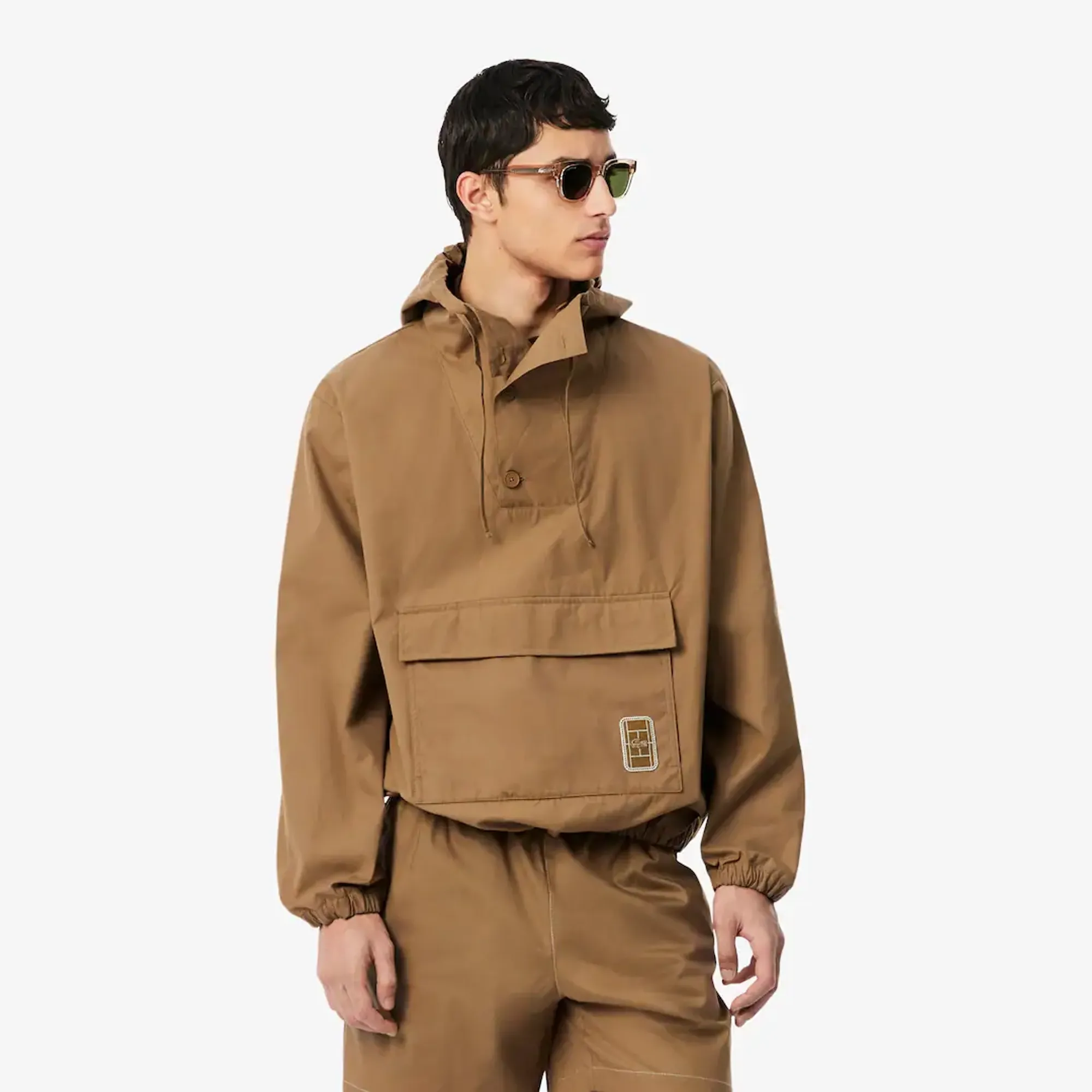 Lacoste Badge Accent Water-Repellent Canvas Half Zipped Jacket - Brown
