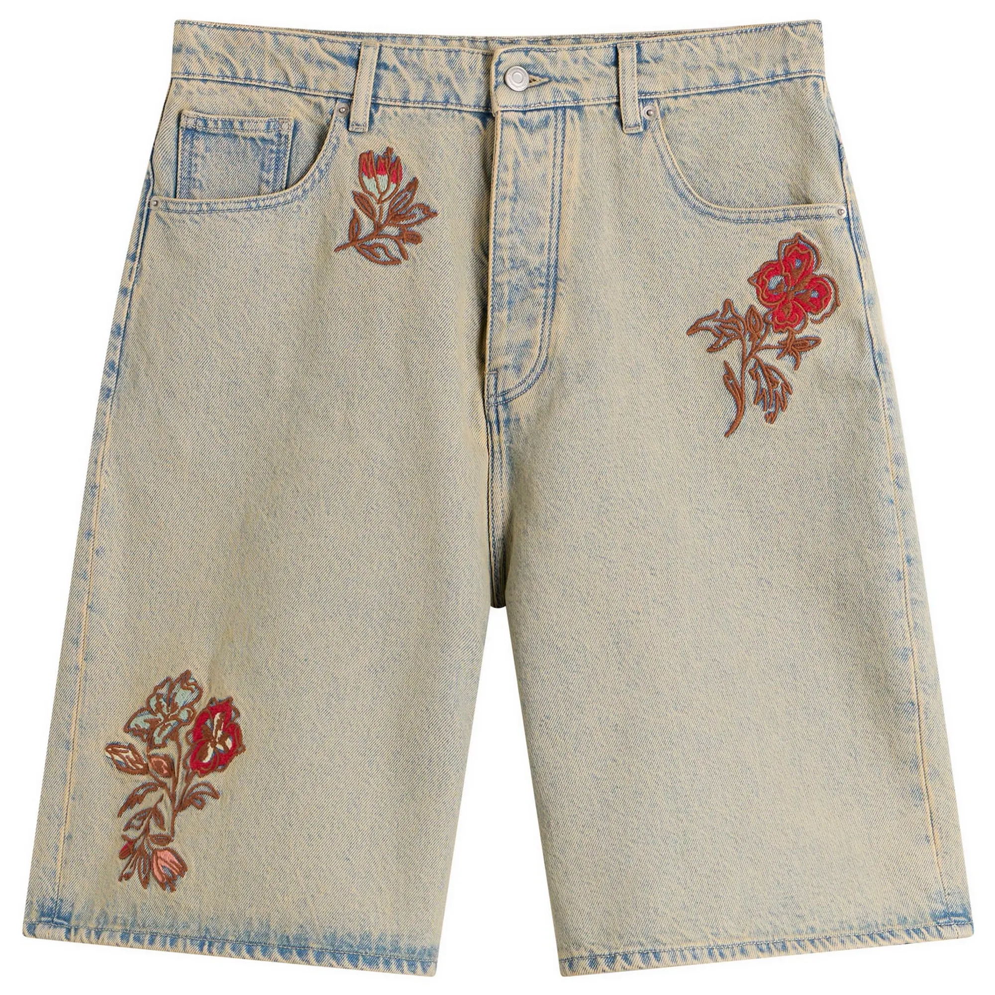 Drôle de Monsieur Men's Embroidered Flowers Patch Denim Shorts Dusty