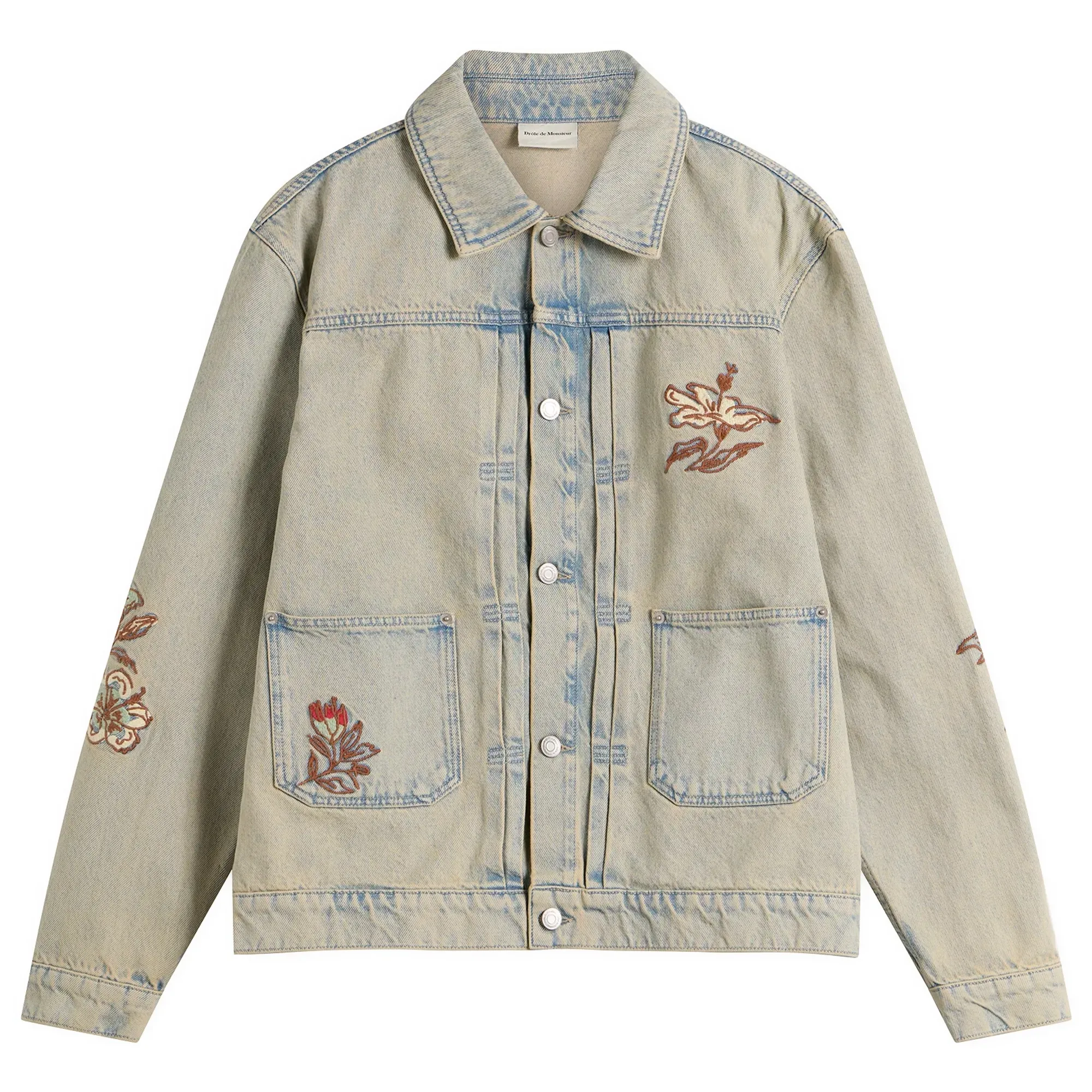 Drôle de Monsieur Men's Embroidered Flowers Patch Denim Jacket Dusty