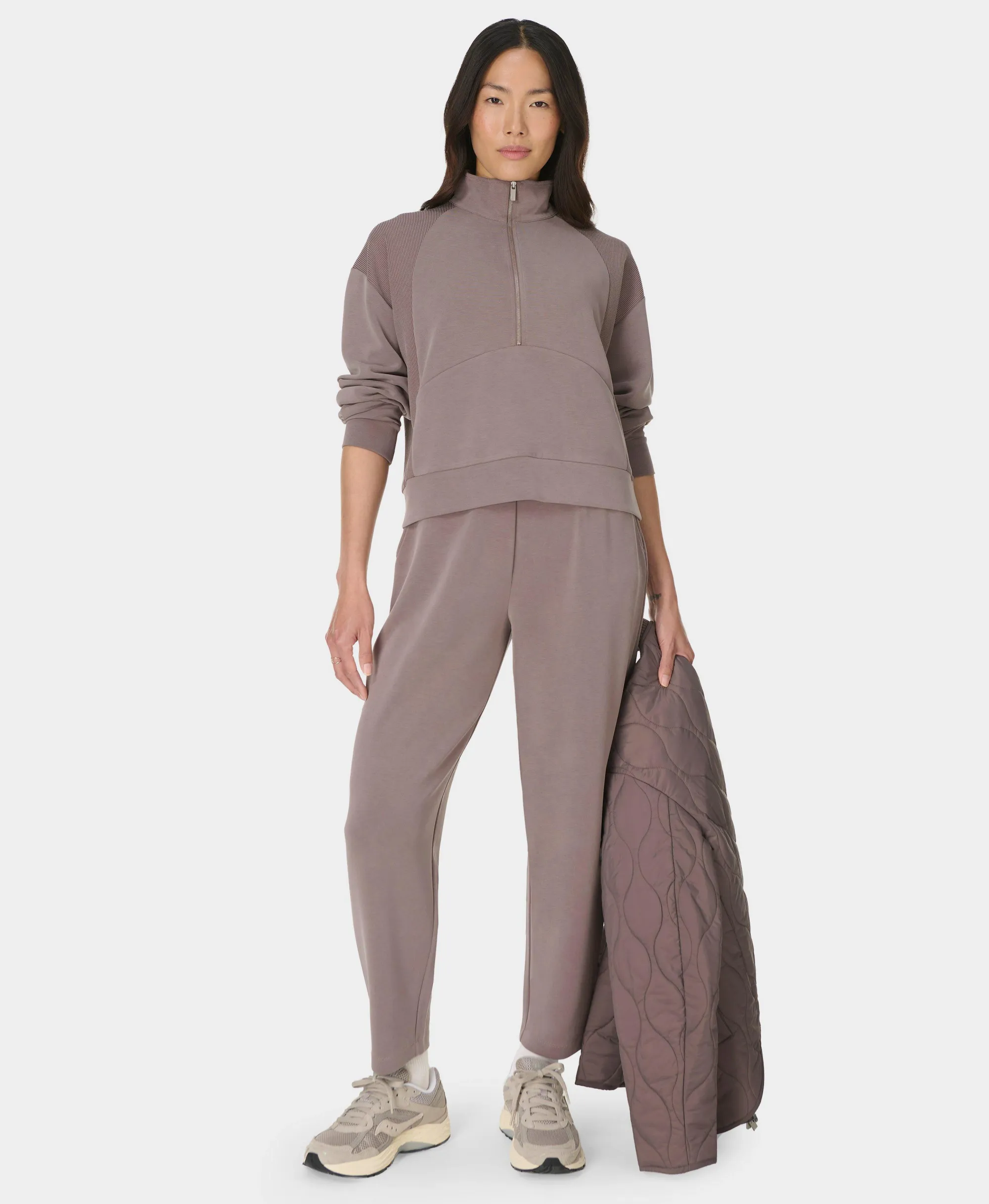 Sweaty Betty Sand Wash Rib Mix Half Zip Sweatshirt, Brown, Women's M