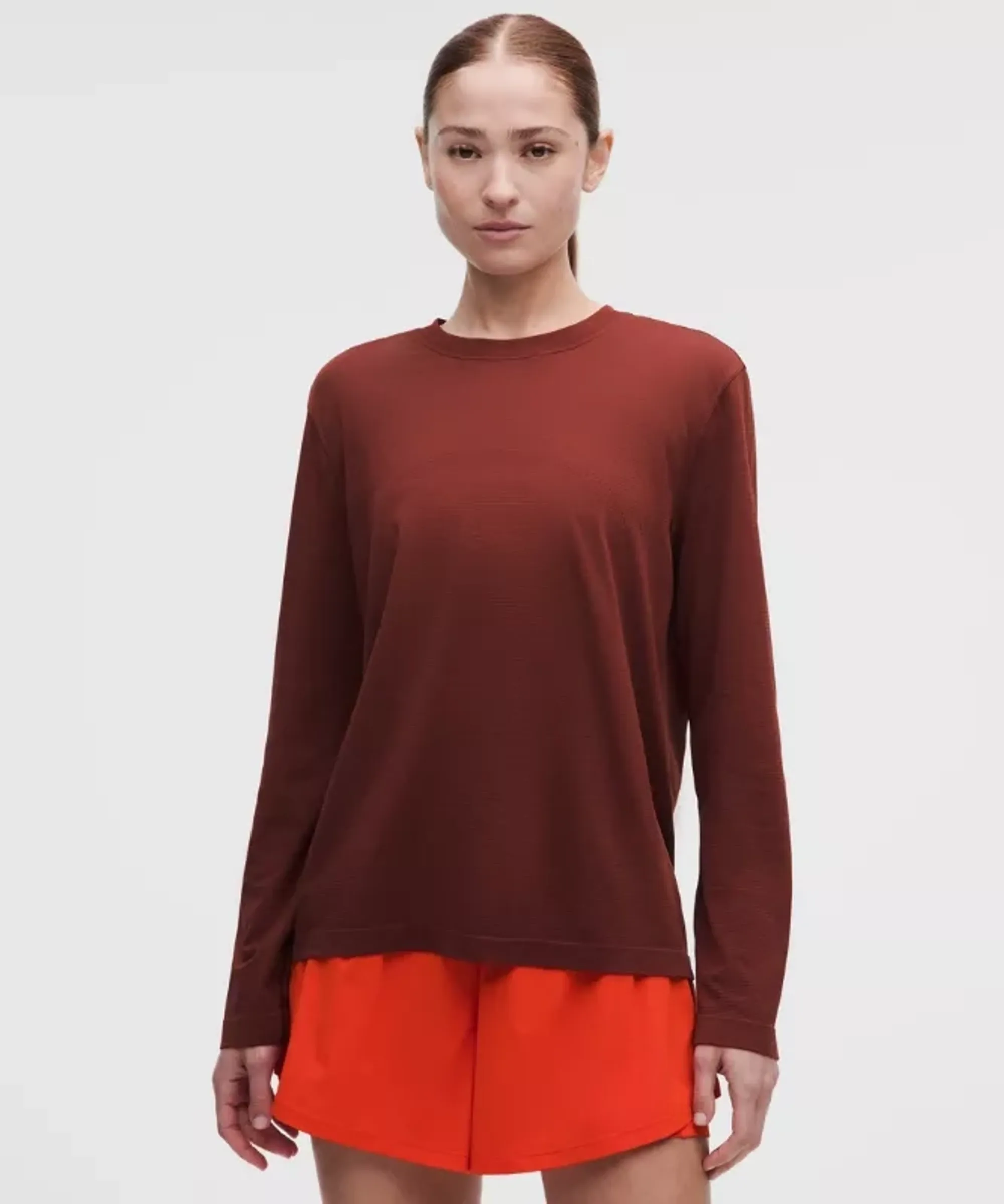 lululemon – Women's Swiftly Relaxed Long-Sleeve Shirt Hip Length Fit – Color Red/Burgundy – Size 14