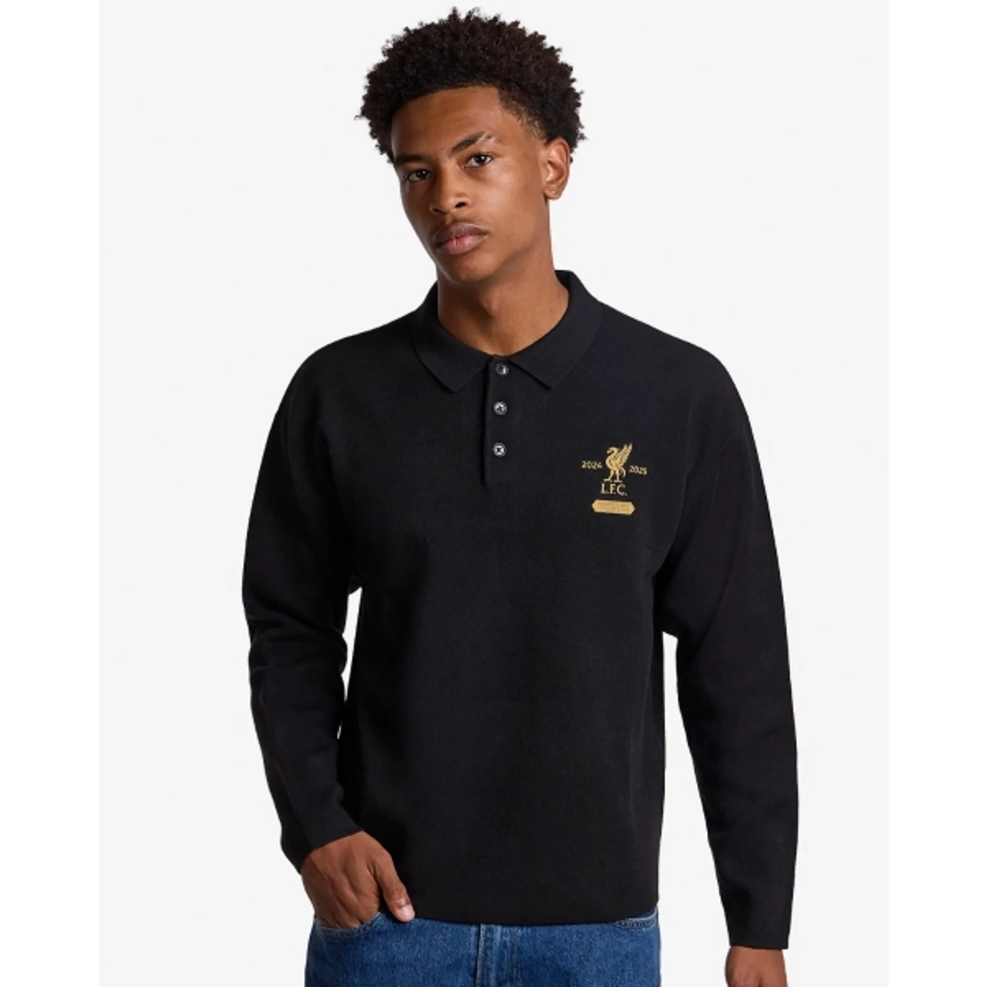 LFC Mens Champions Long Sleeve Knitted Polo Black