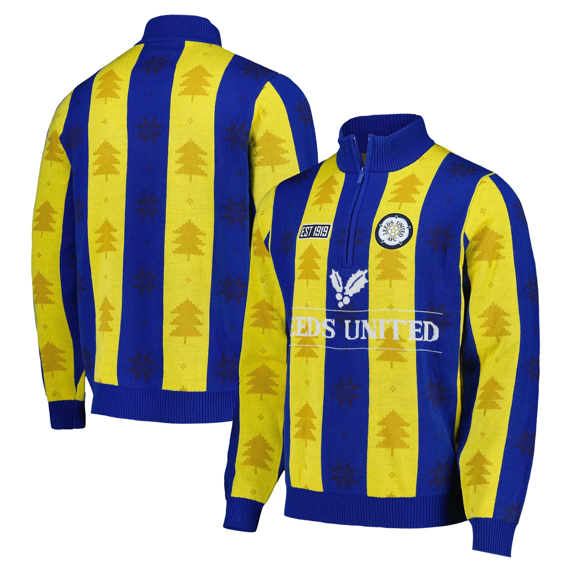 Leeds United Retro 1/4 Zip Christmas Jumper - Yellow/Blue - Adults