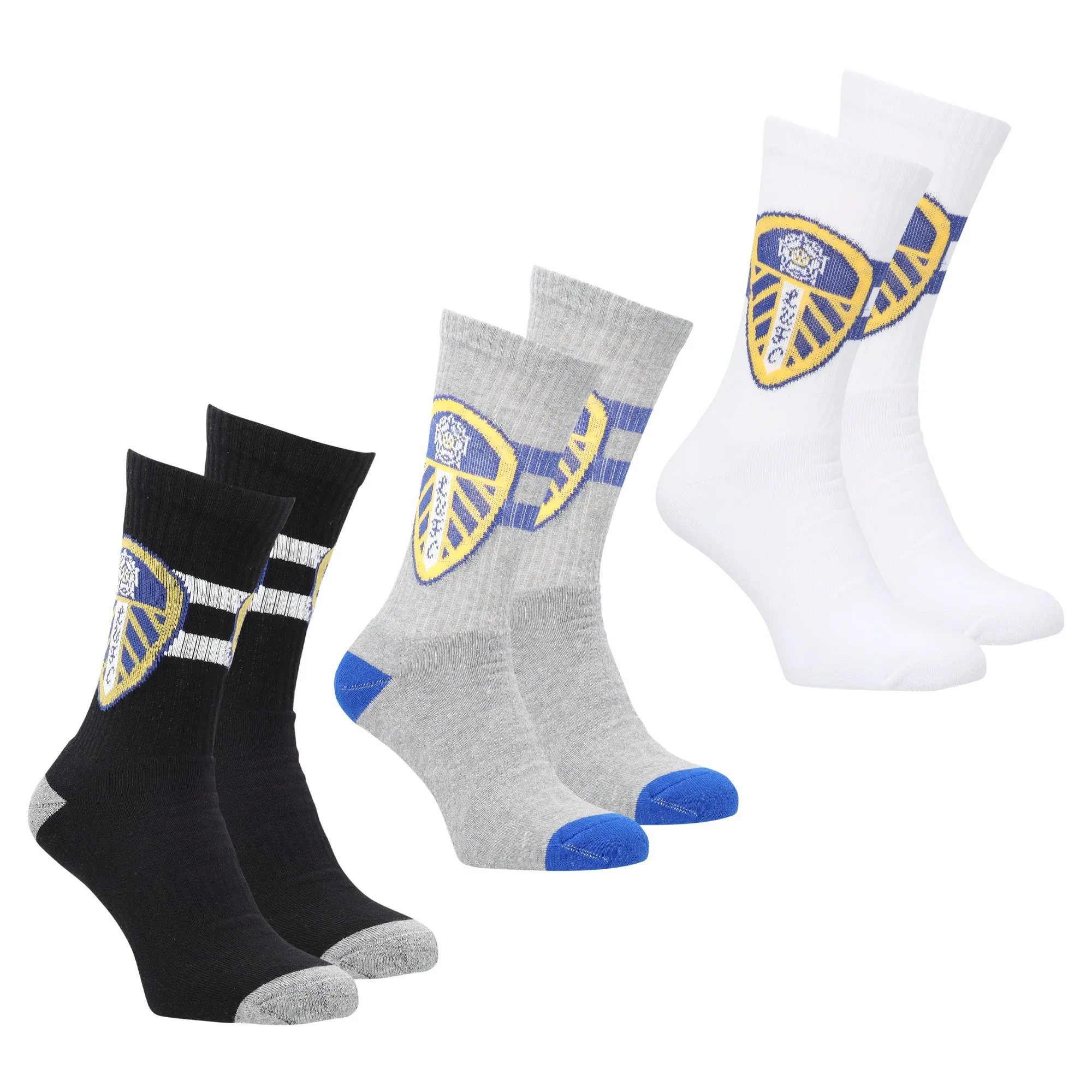 Leeds United 3 Pack Sport Socks - Black/White/Grey - Adults