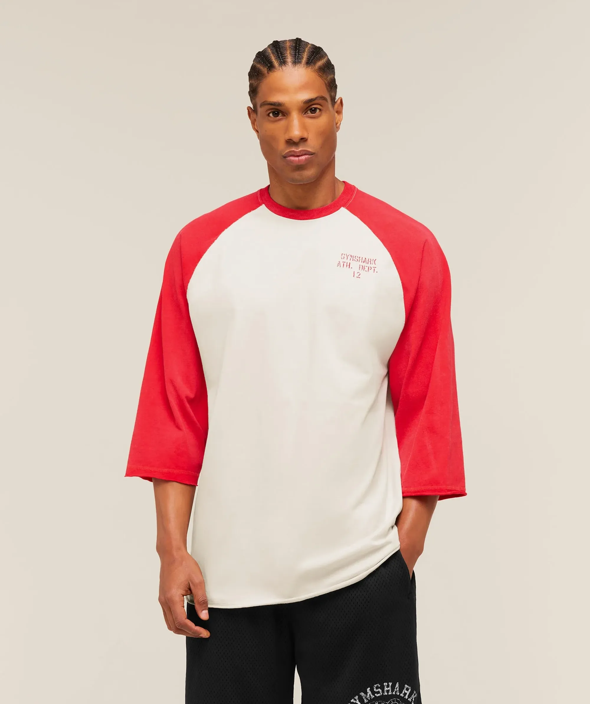 Gymshark Retro Collegiate 3/4 Sleeve T-Shirt - Tinted White/Athletic Red