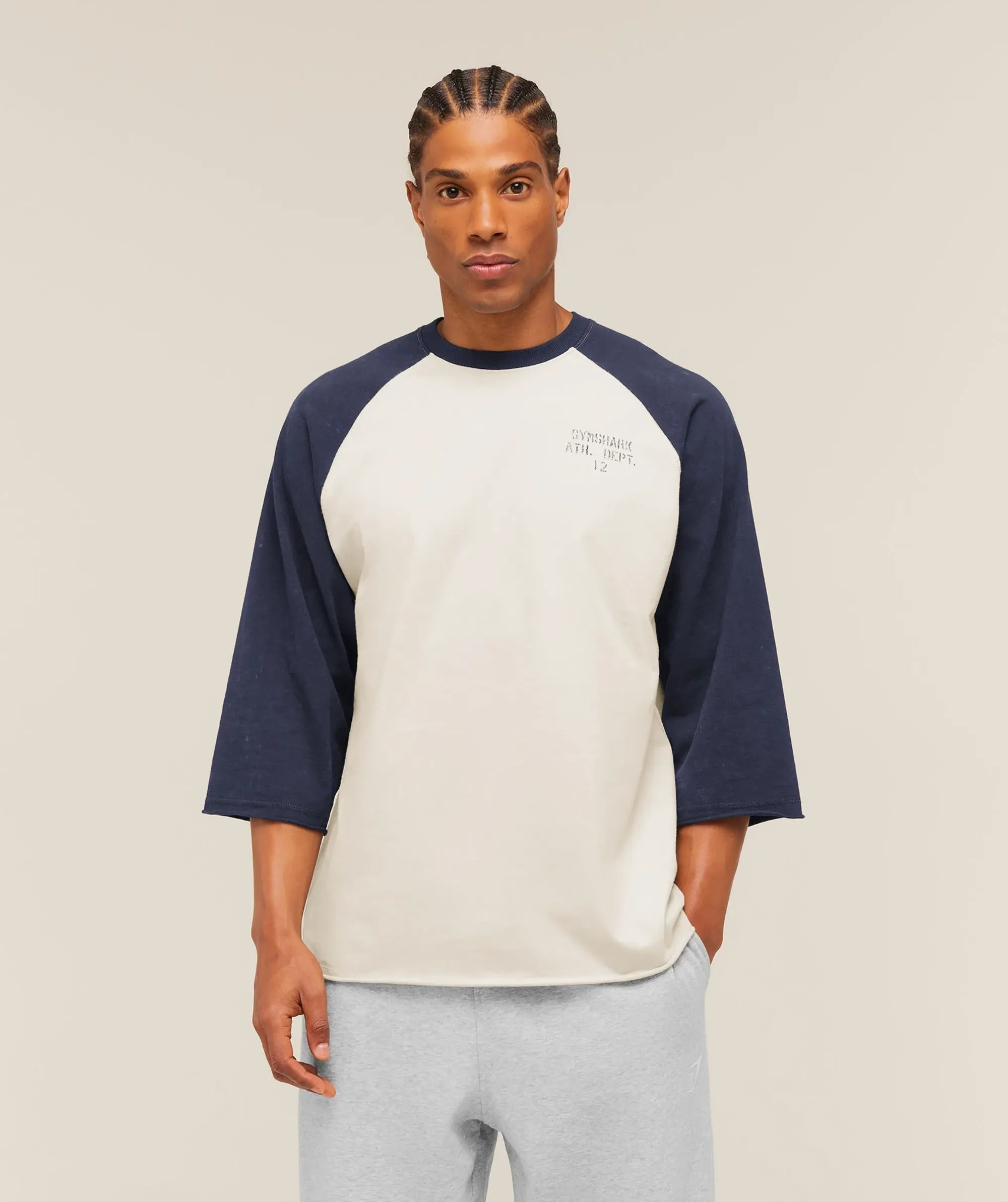 Gymshark Retro Collegiate 3/4 Sleeve T-Shirt - Tinted White/Heavy Blue