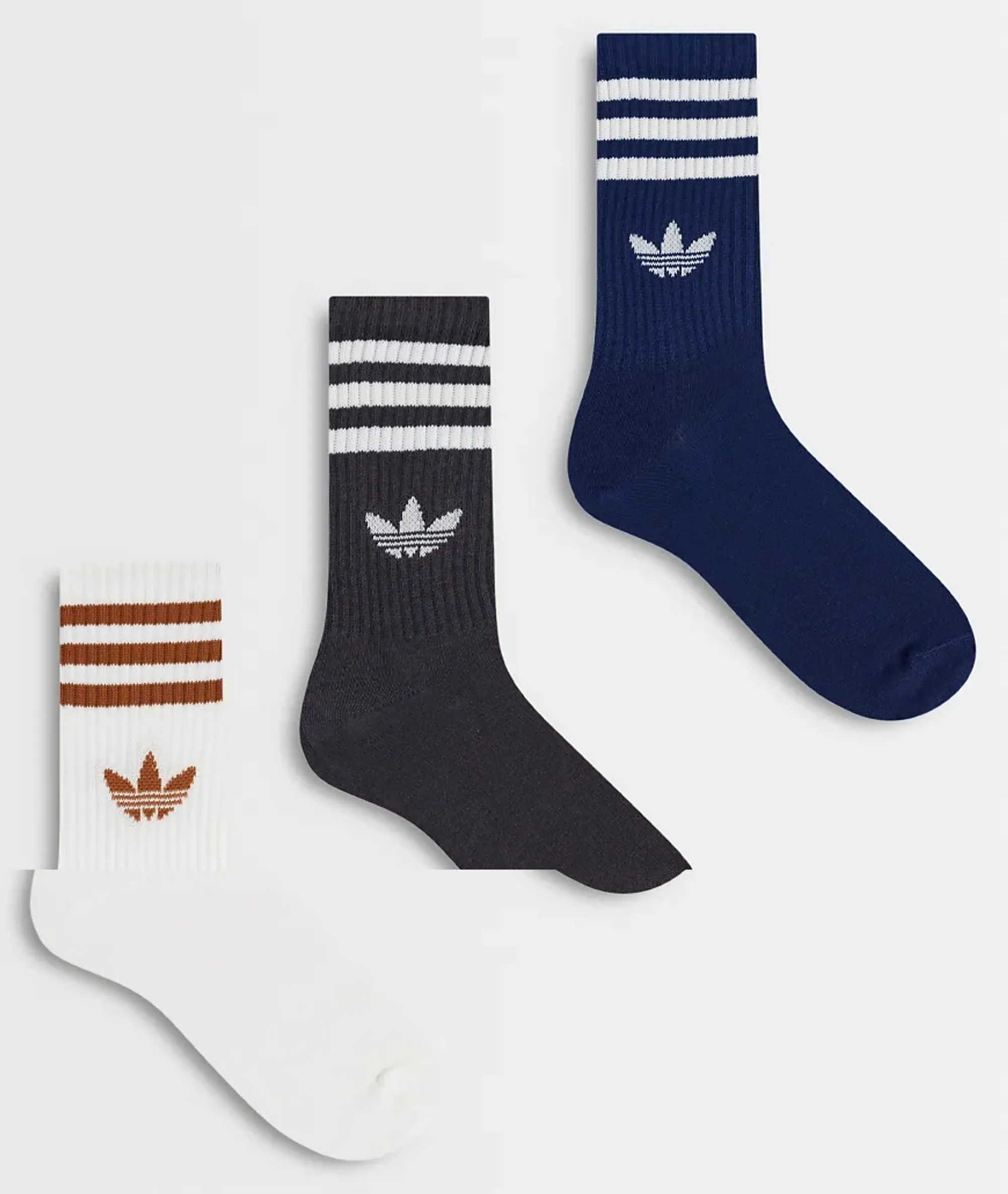 Adidas Originals 3 Pack Three Stripe Crew Socks In Black, Navy And White