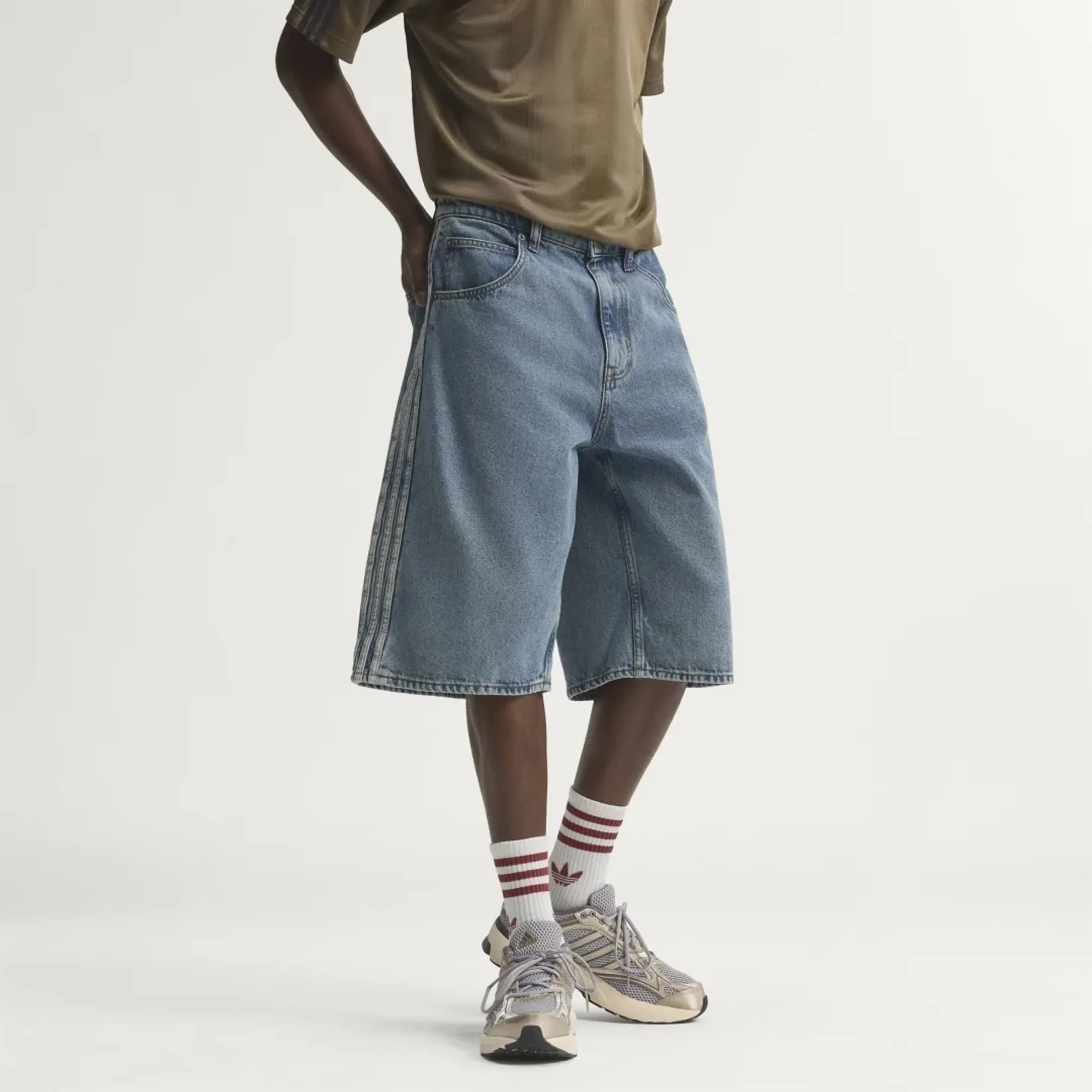 adidas FIREBIRD ADICOLOR DENIM JORTS MID-RISE STRAIGHT LEG