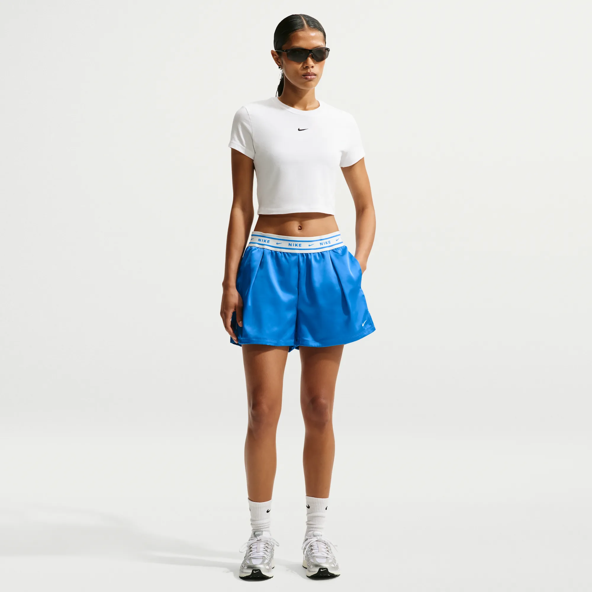 Nike Women's Loose Mid-Rise Satin Shorts - Blue