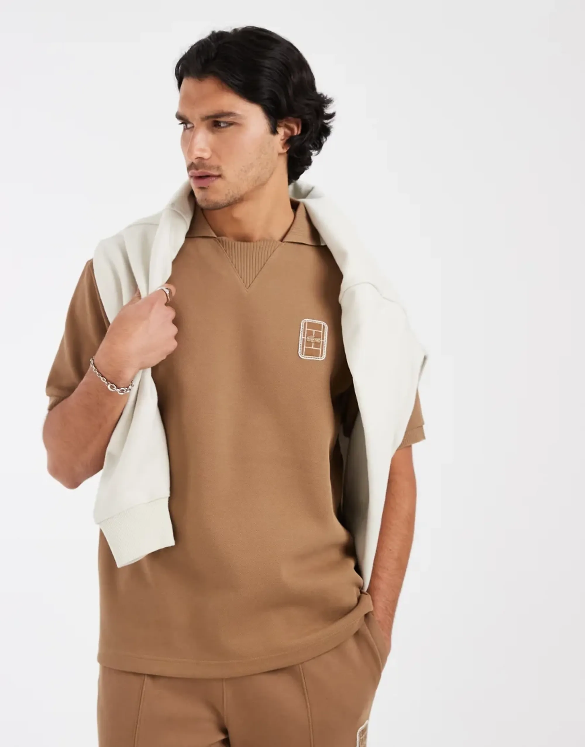 Lacoste Co-Ord Short Sleeve Loose Fit Logo Polo Shirt In Brown