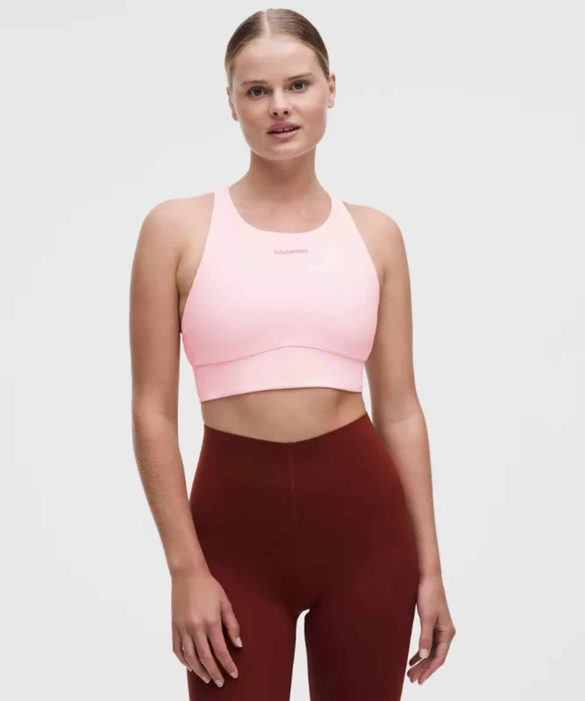 lululemon – Women's Energy High-Neck Longline Sports Bra Medium Support, B-D Cups Evolve Wordmark – Color Pink – Size XL