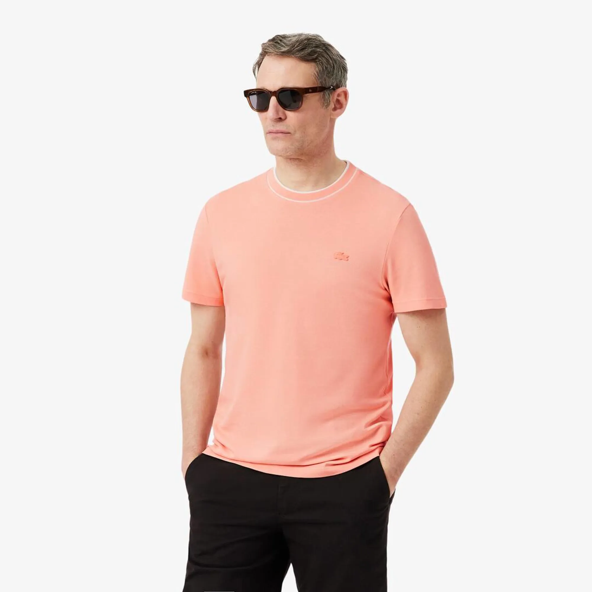 Lacoste Stretch Piqué Stripe Collar T-shirt - Coral Pink