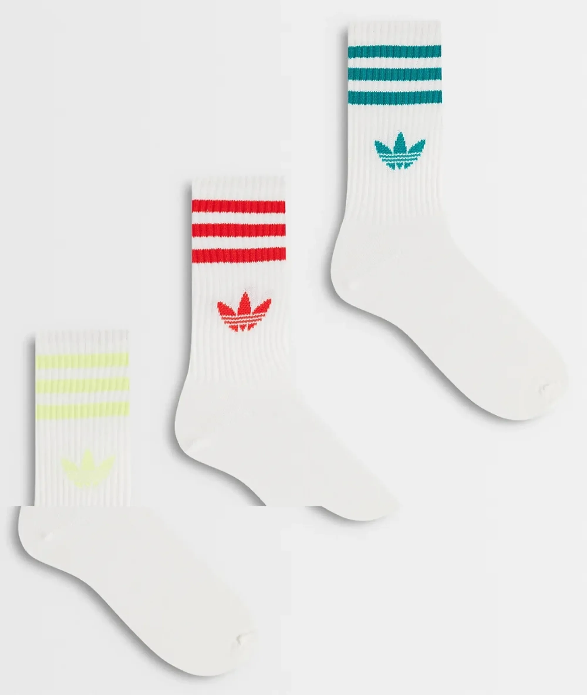 Adidas Originals 3 Pack Three Stripe Crew Socks In White And Red/Yellow/Green