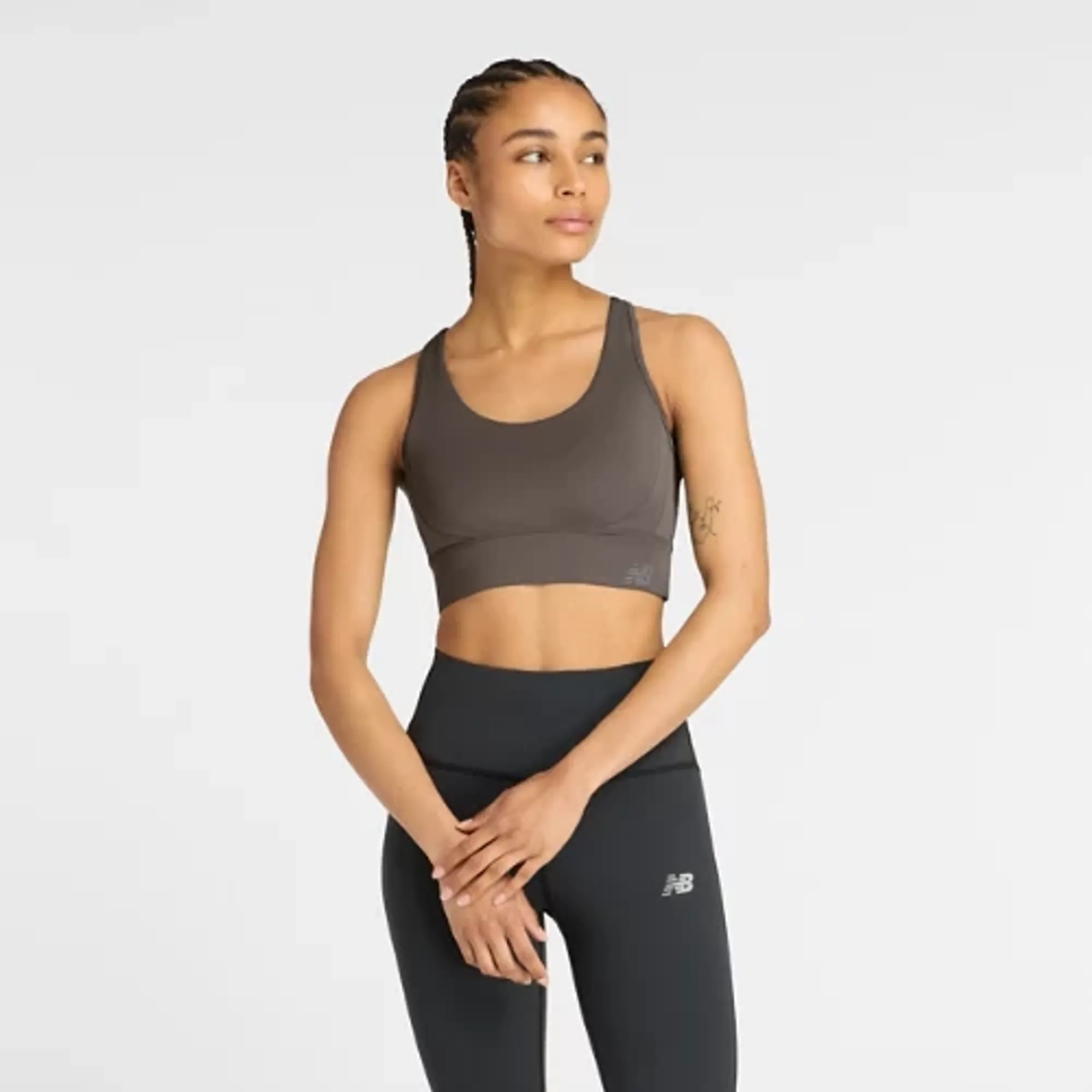 New Balance Women's Tech Training Sports Bra in Brown Poly Knit