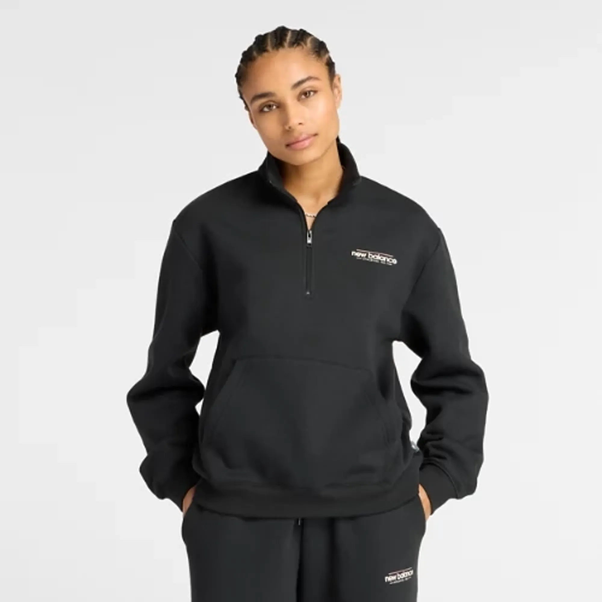 New Balance Women's Reimagined Fleece Half Zip in Black Cotton Fleece