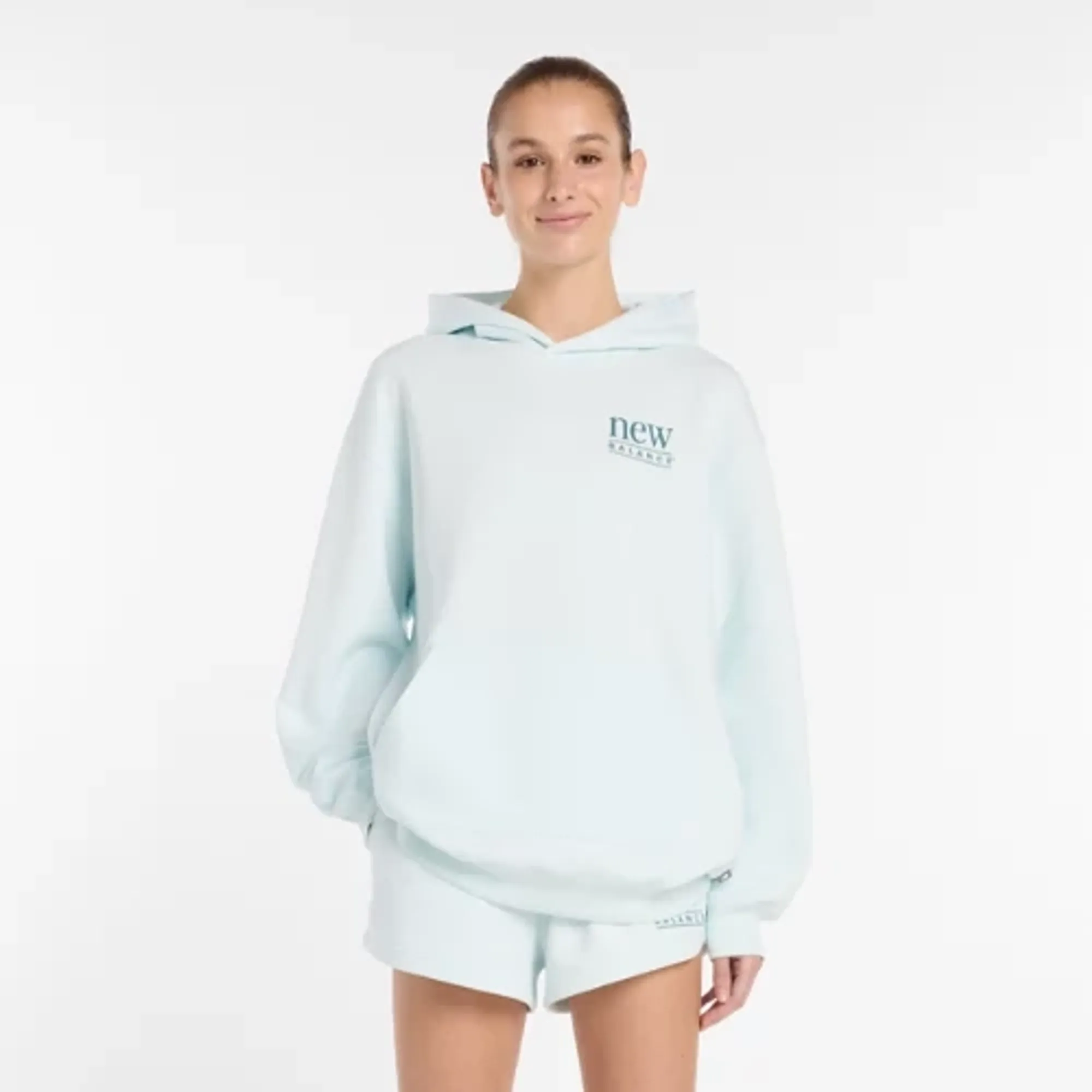 New Balance Women's Reimagined Fleece Long Length Hoodie in Blue Cotton Fleece