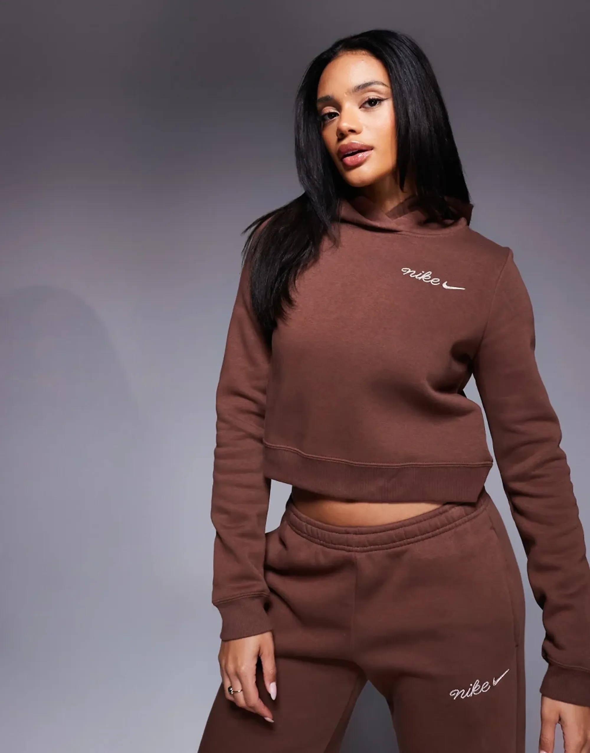 Nike Womens Phoenix Fleece Crop Hoodie - Brown - Size L - Brown