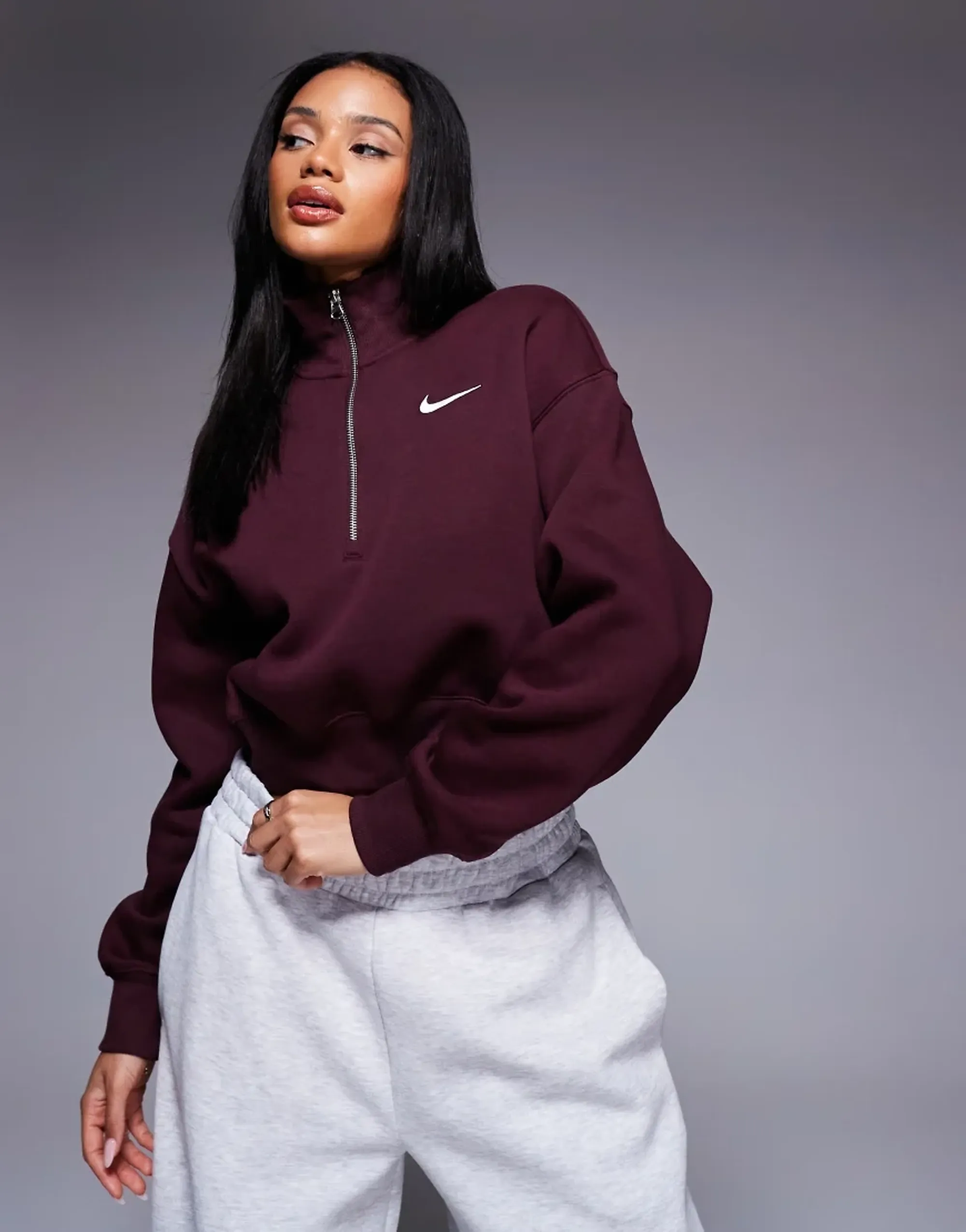 Nike Phoenix Fleece Half Zip Cropped Sweatshirt In Burgundy-Red