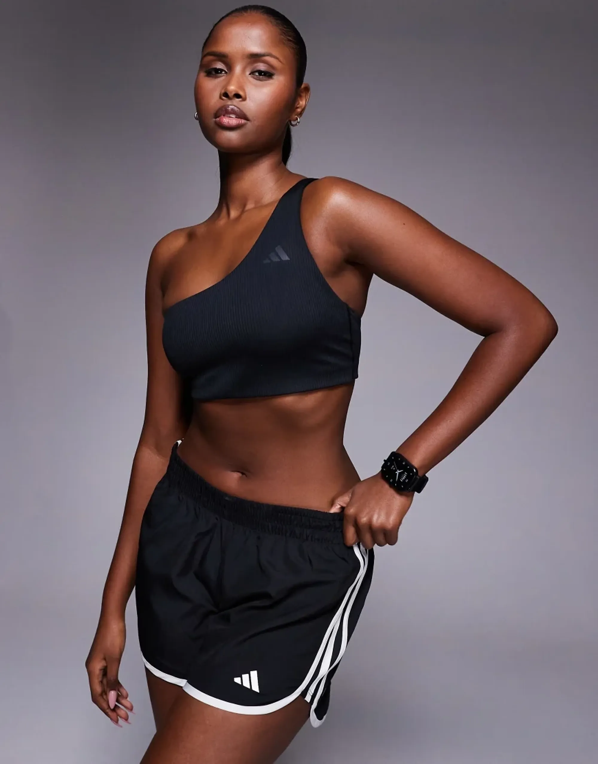 Adidas Training Optime Ribbed Light Support One Shoulder Sports Bra In Black
