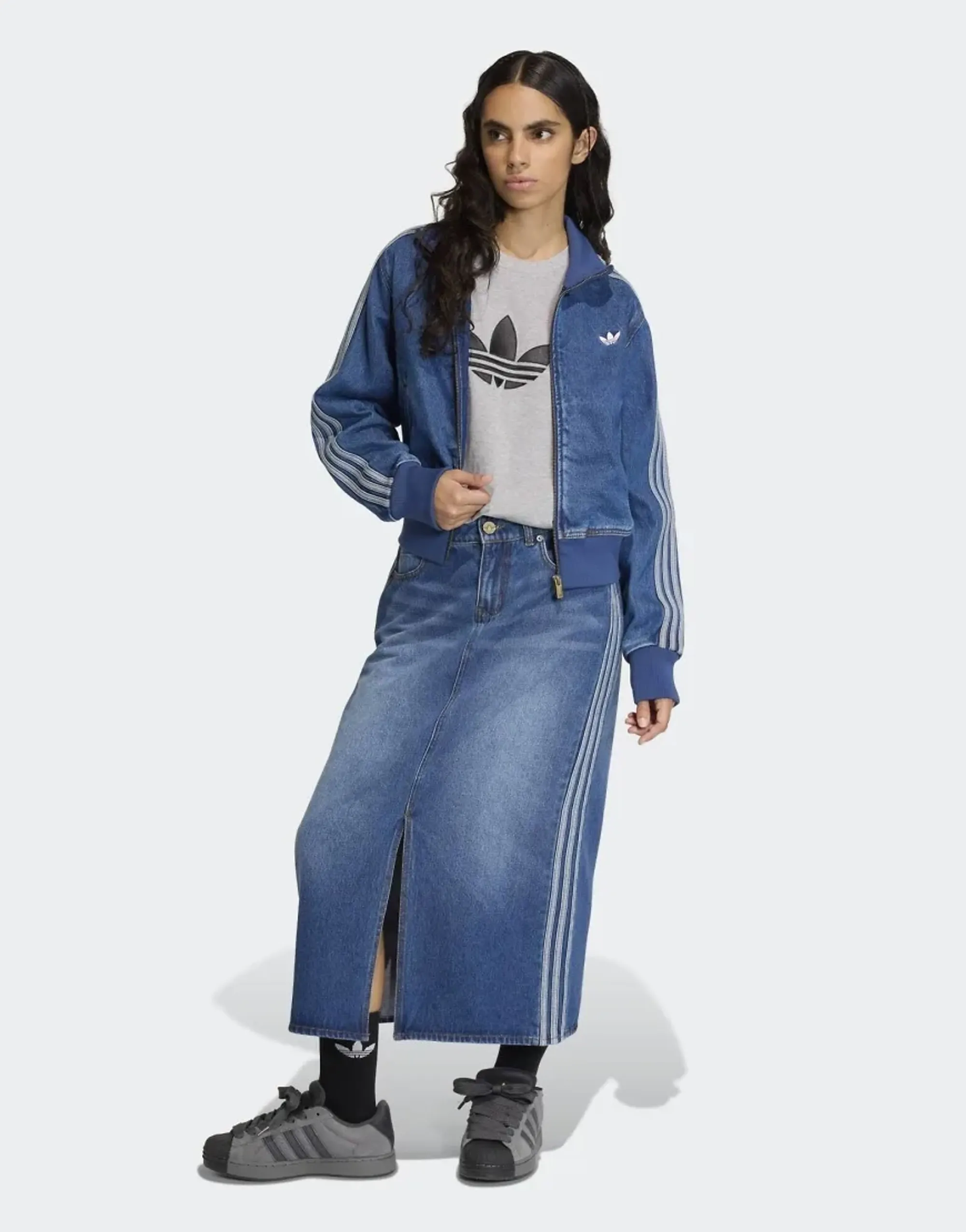 Adidas Originals 3 Stripes Pencil Skirt Denim In Blue Denim