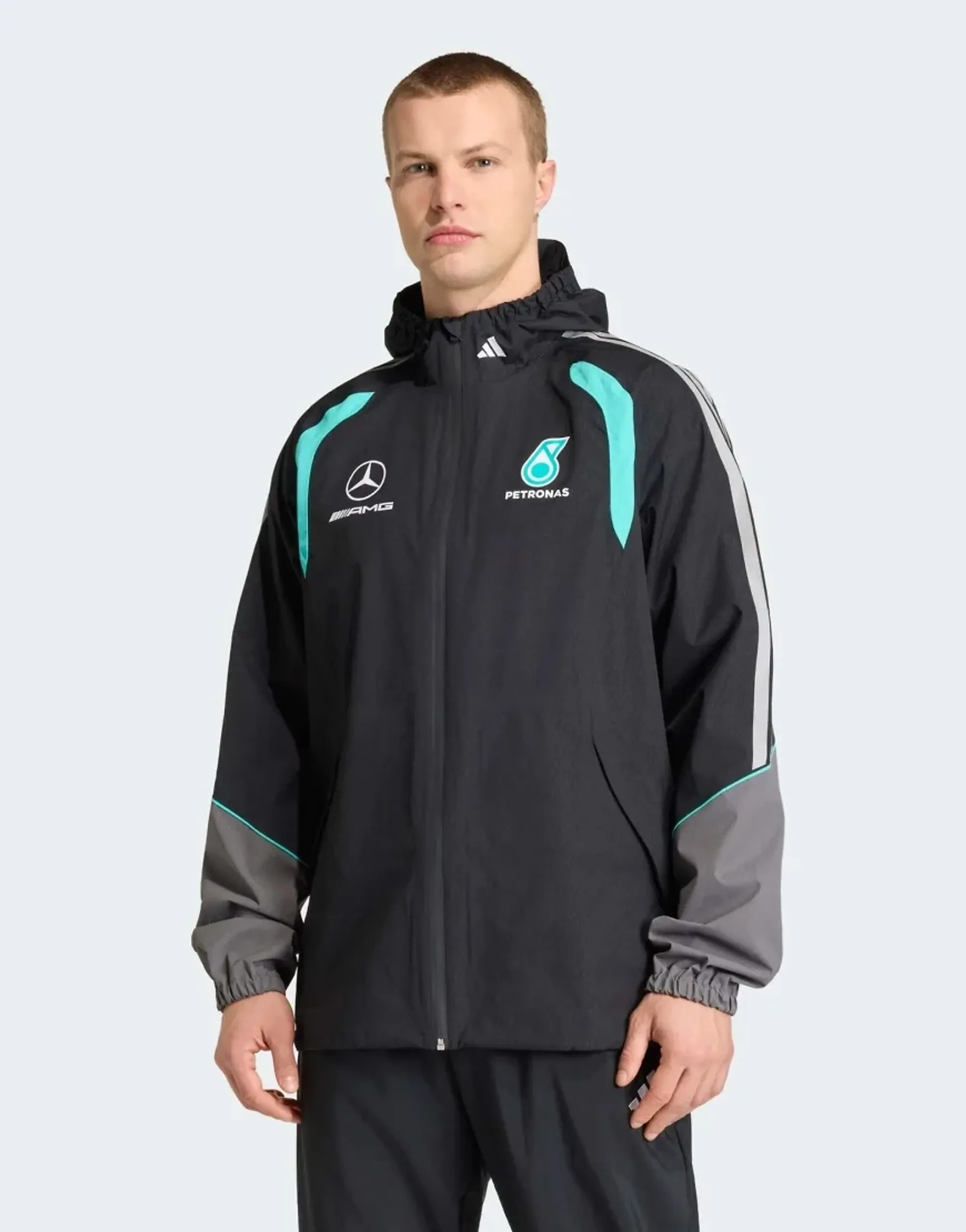 Adidas Performance Mercedes - Amg Petronas Formula 1 Team Mechanics Rain Jacket In Black / Grey Two