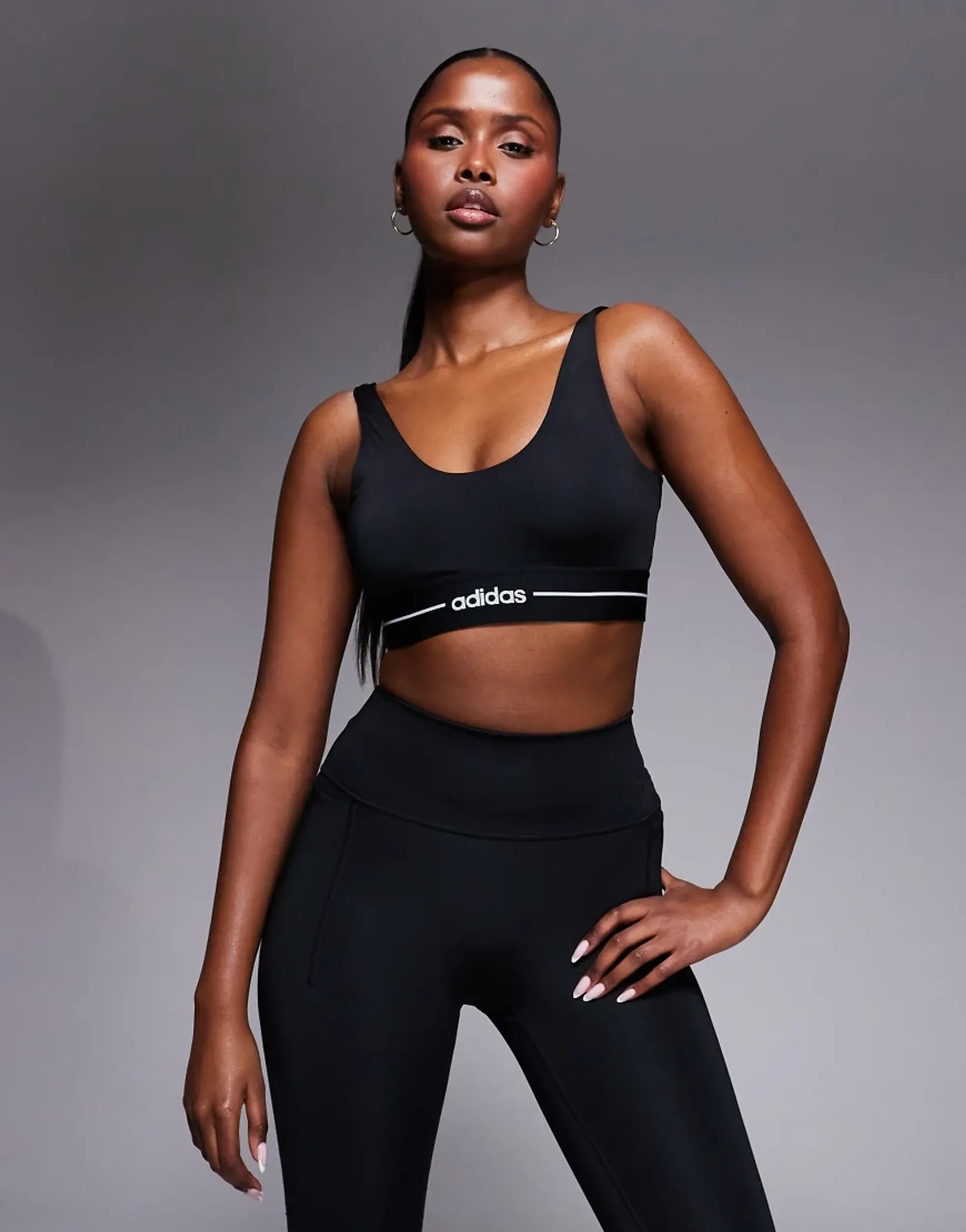 Adidas Training Hyperglam Linear Low Support Sports Bra In Black
