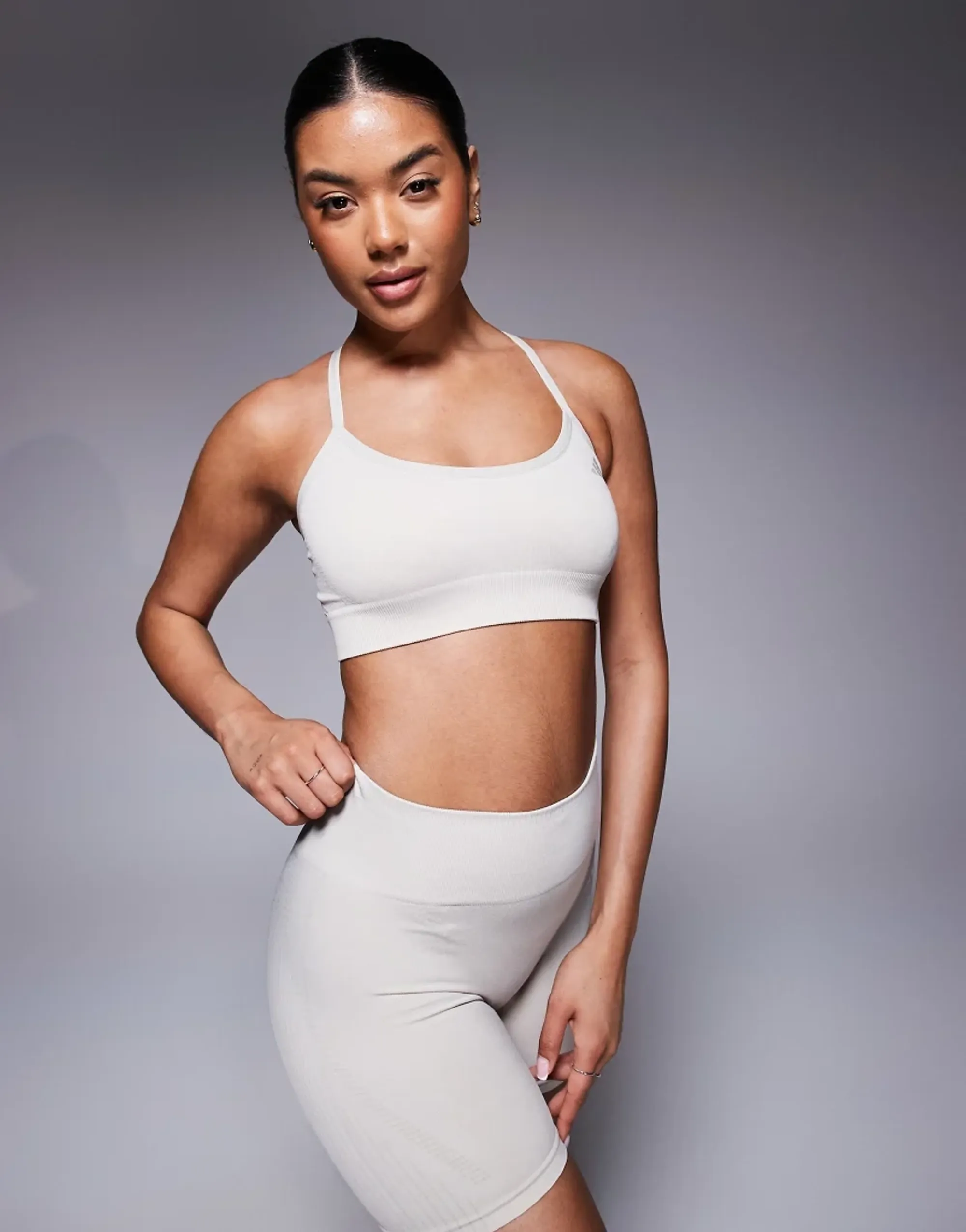 Adidas Training Knit Light Support Sports Bra In Stone-White
