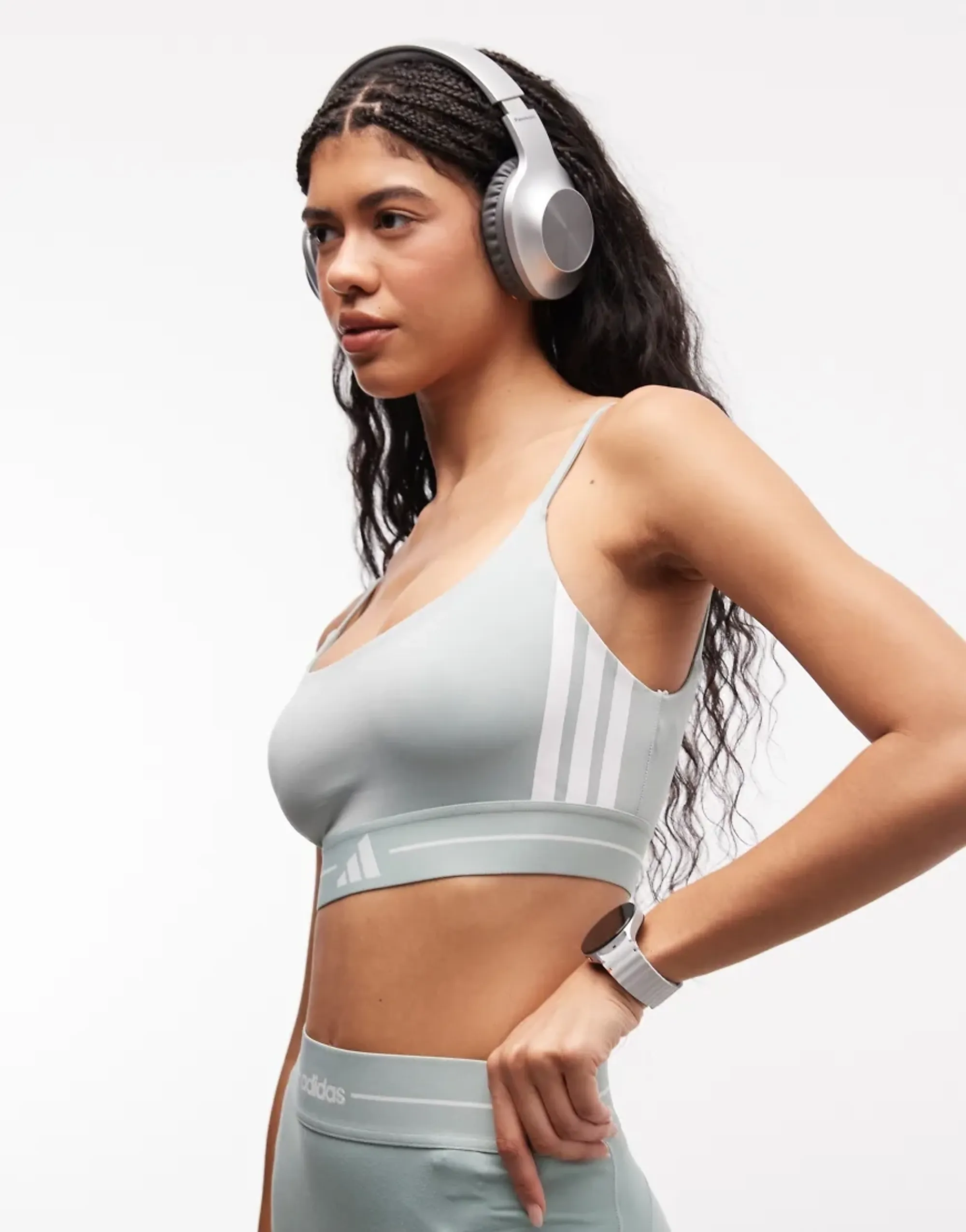 Adidas Training Hyperglam 3 Stripe Light Support Sports Bra In Sage-Green