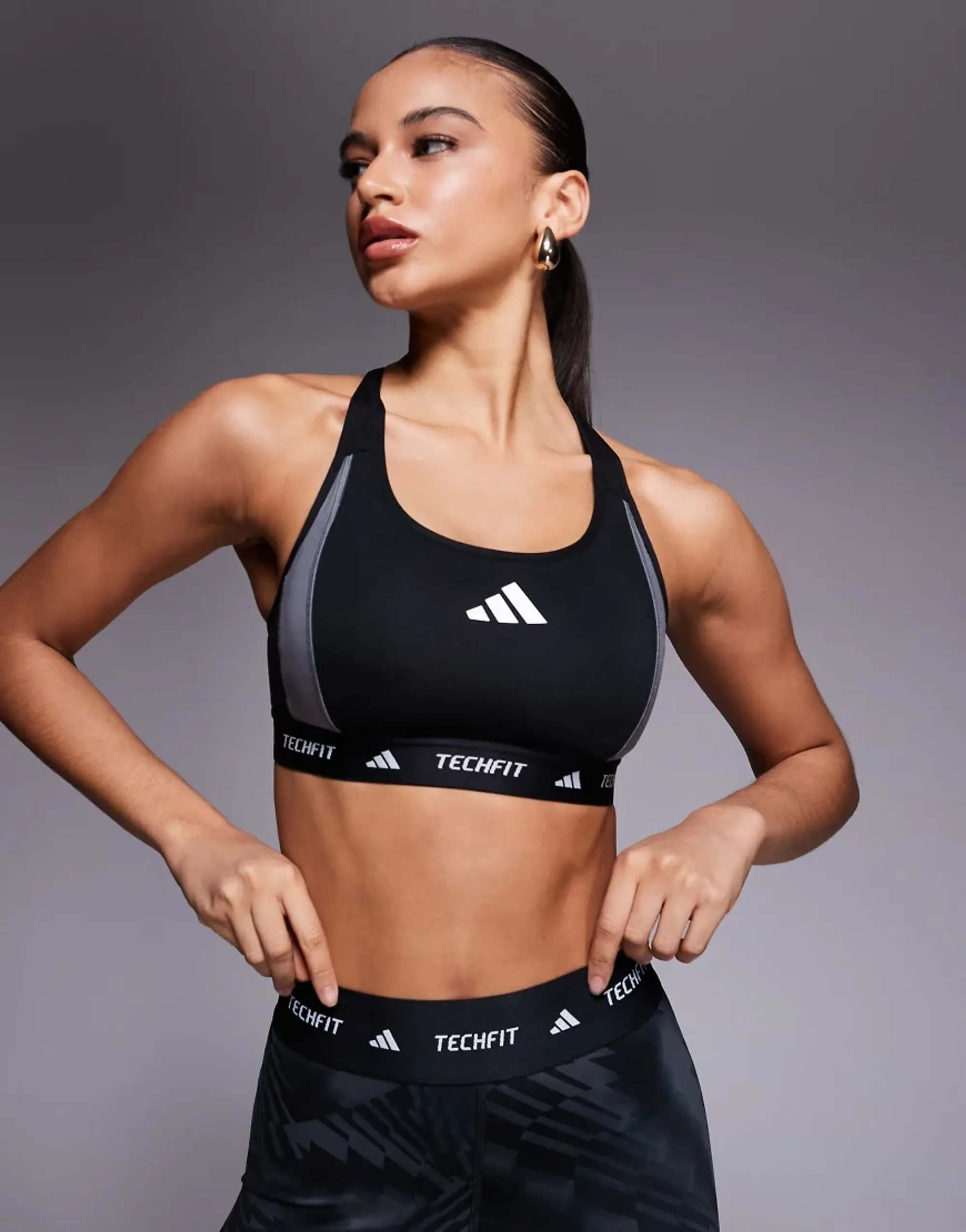 Adidas Training Tech Fit Mid Support Sports Bra In Black Colourblock