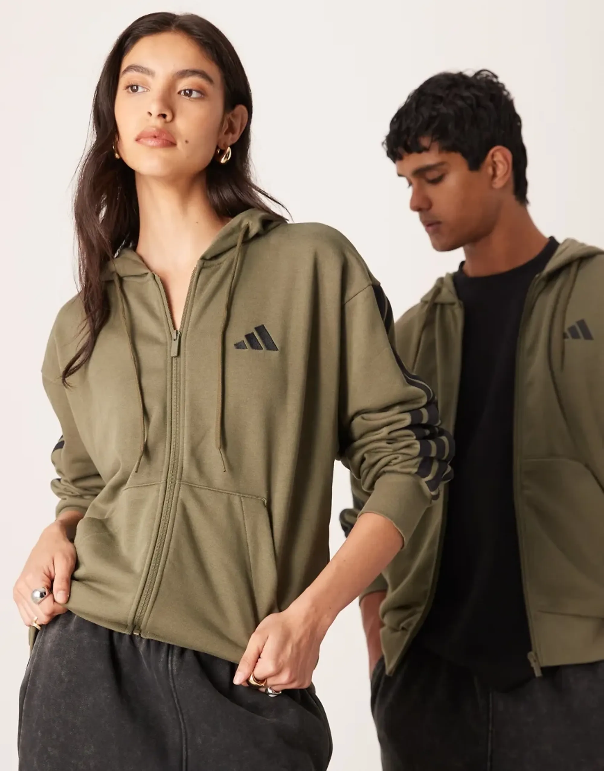 Adidas Sportswear Three Stripe French Terry Hoodie In Khaki-Green