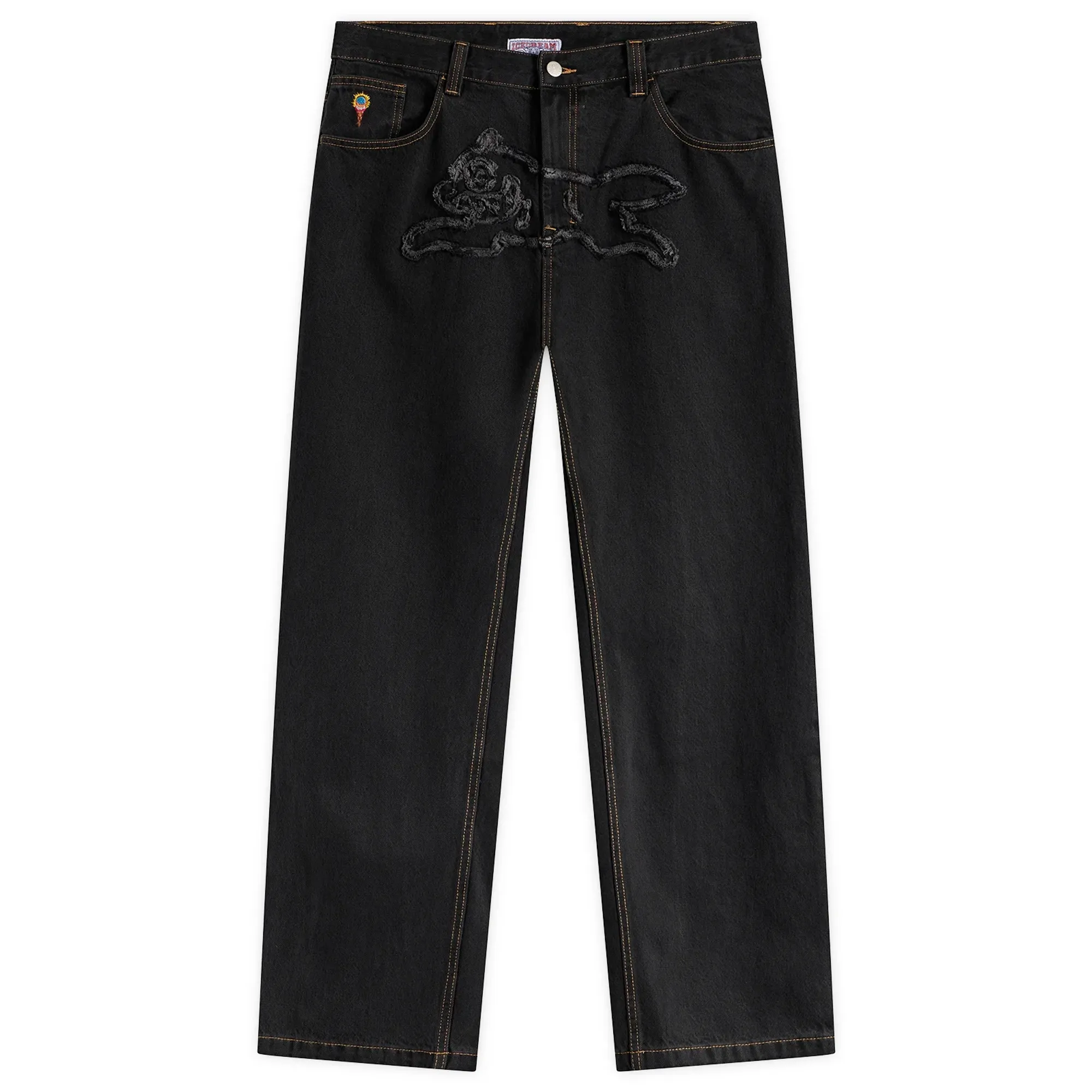 ICECREAM Men's Applique Running Dog Double Scoop Denim Pants Black