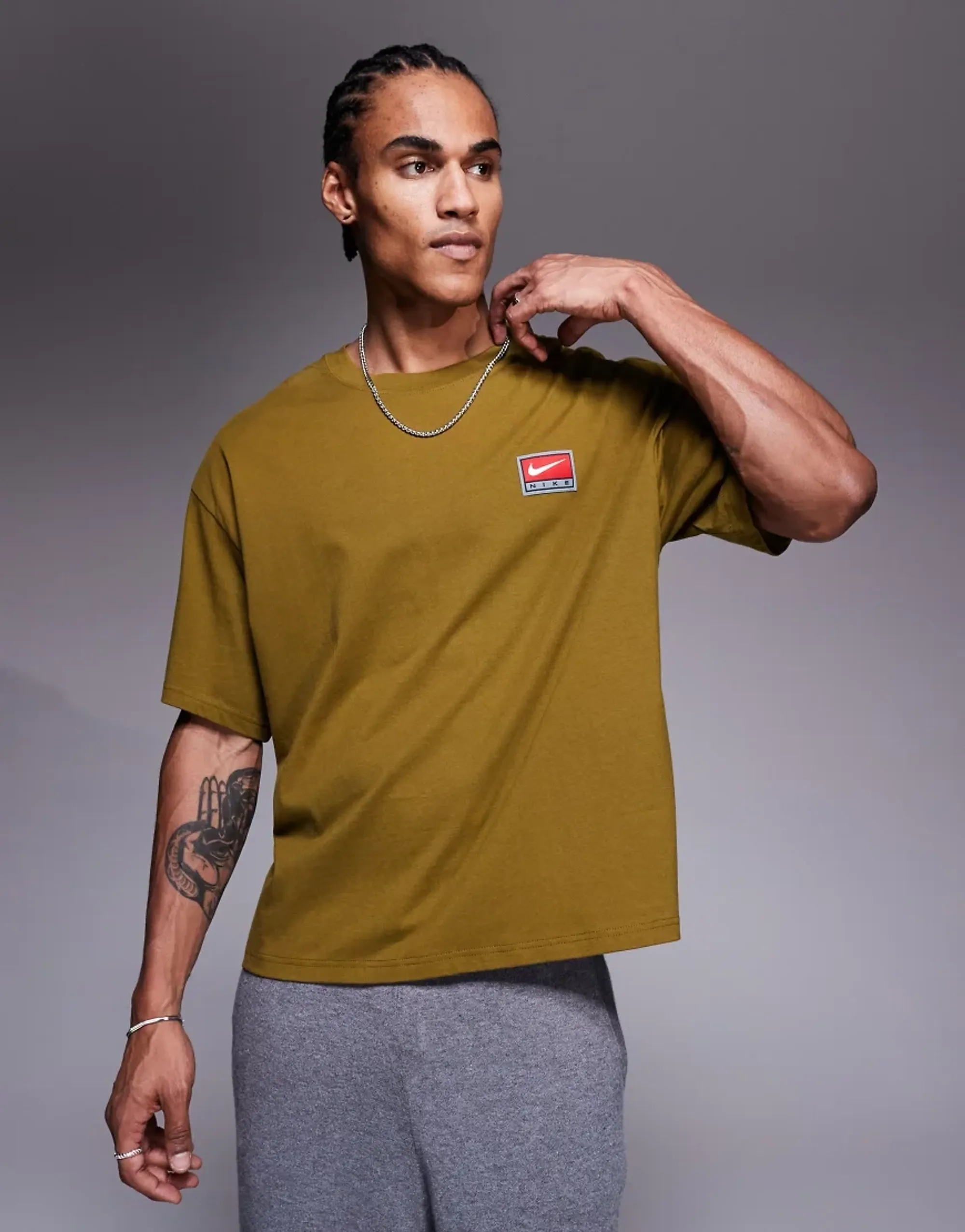 Nike Retro Logo Boxy Oversized T-Shirt In Khaki-Green