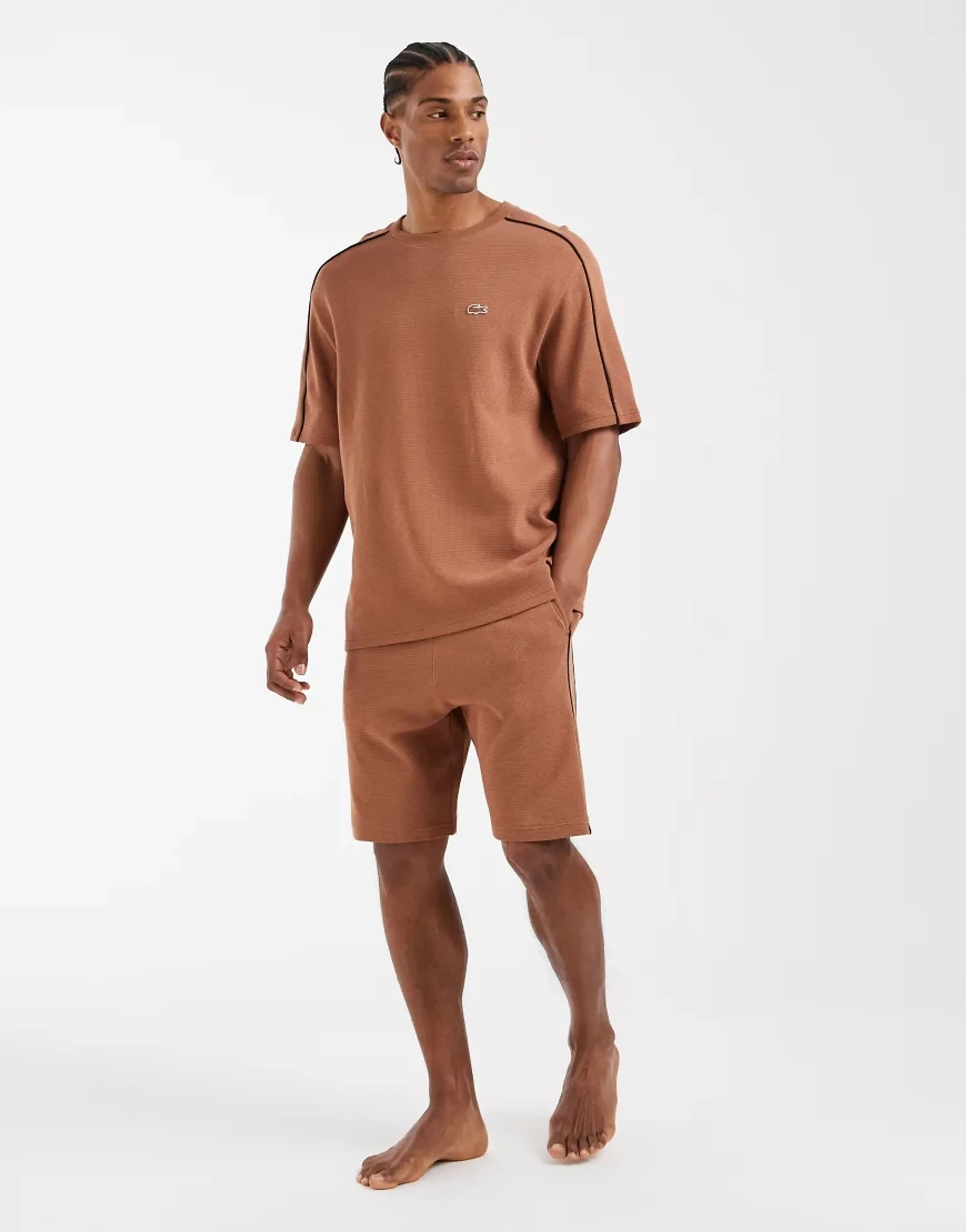 Lacoste Waffle T-Shirt And Shorts Lounge Set In Brown