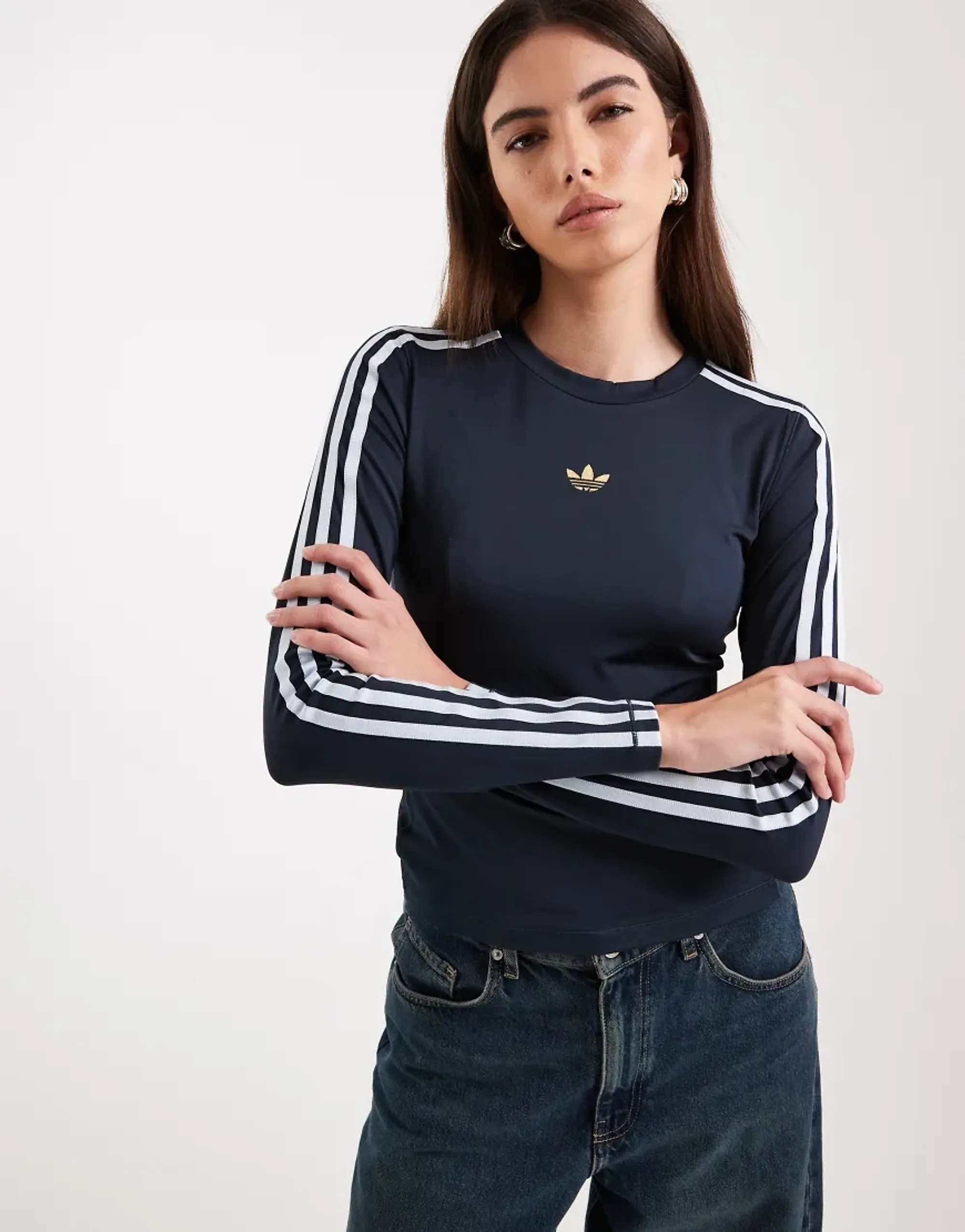 Adidas Originals 3 Stripes Long Sleeve T-Shirt In Aurora Ink And Crystal Sky-Navy