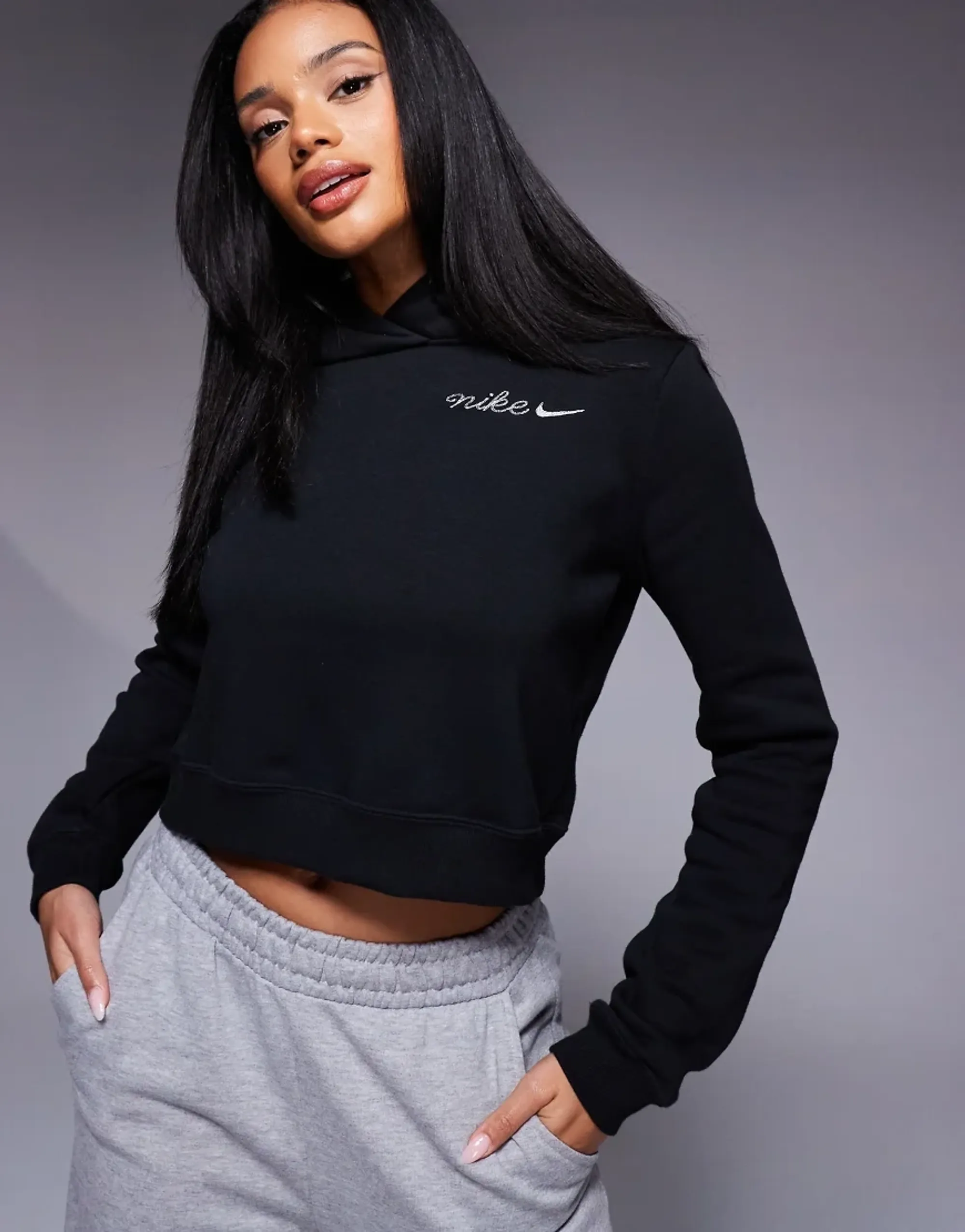 Nike Embroidered Logo Cropped Hoodie In Black